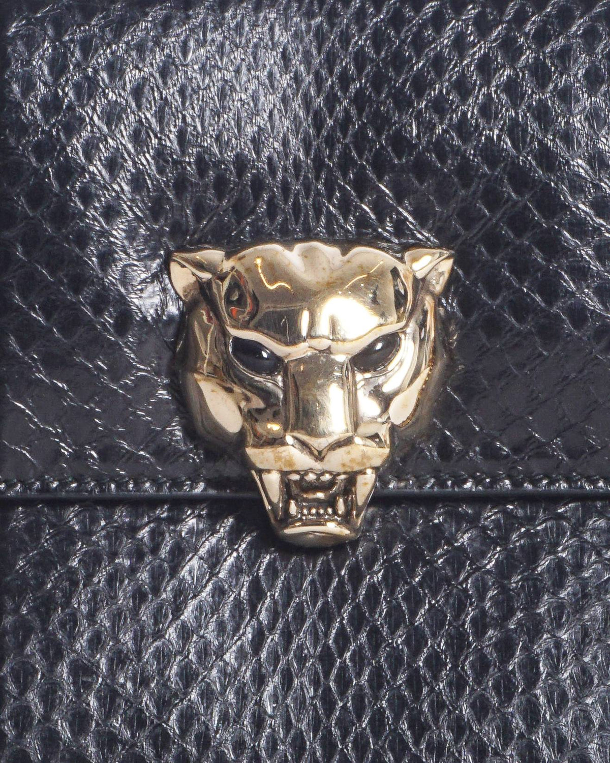 Roberto Cavalli Black Snake Embossed Panther Head Chain Bag