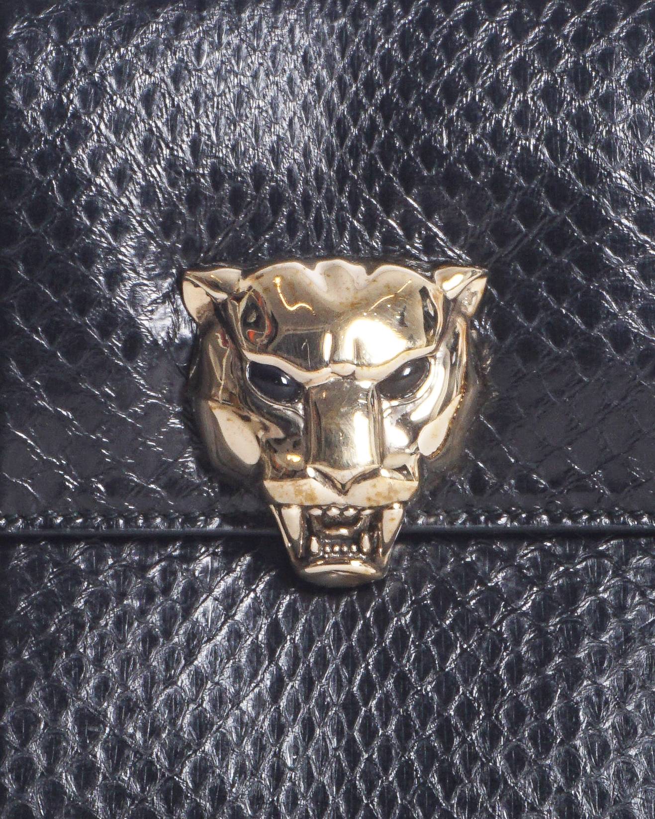 Roberto Cavalli Black Snake Embossed Panther Head Chain Bag