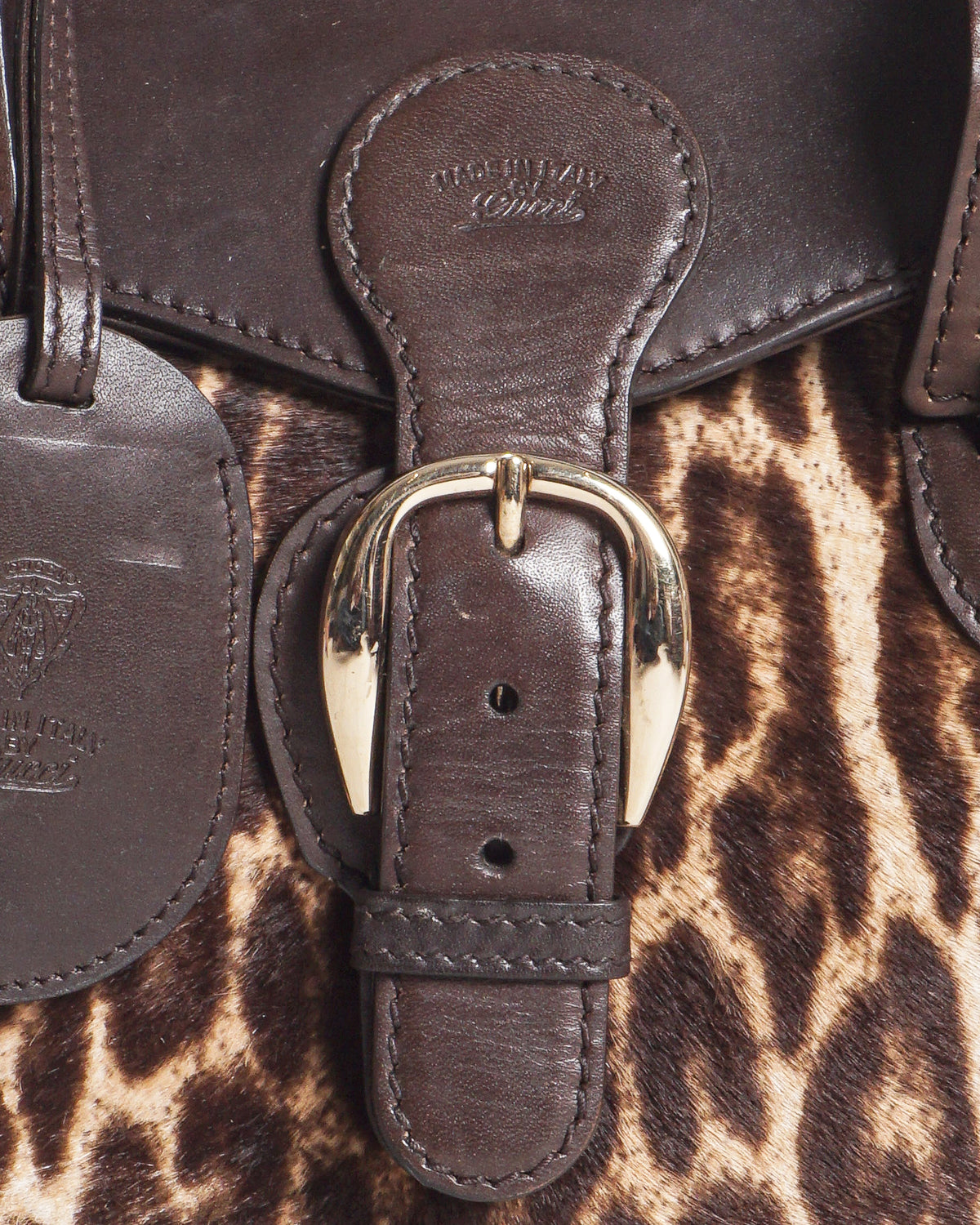 Gucci Brown Leather Leopard Print Calf Hair Satchel Bag