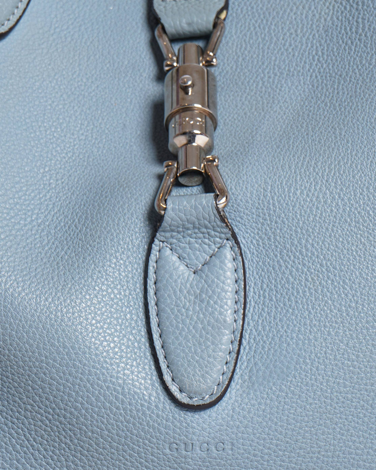Gucci 
Light Blue Pebbled Leather Soft Jackie Large Top Handle Bag