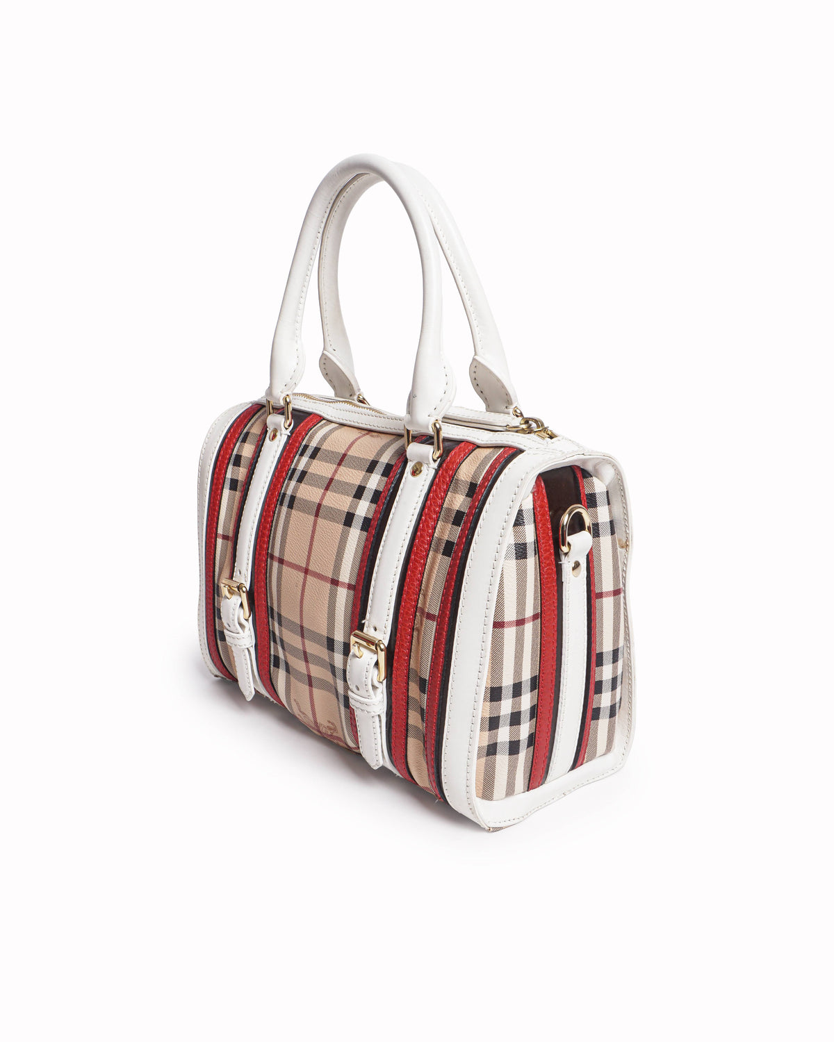 Burberry Haymarket Check White Leather Trim Top Handle Bag