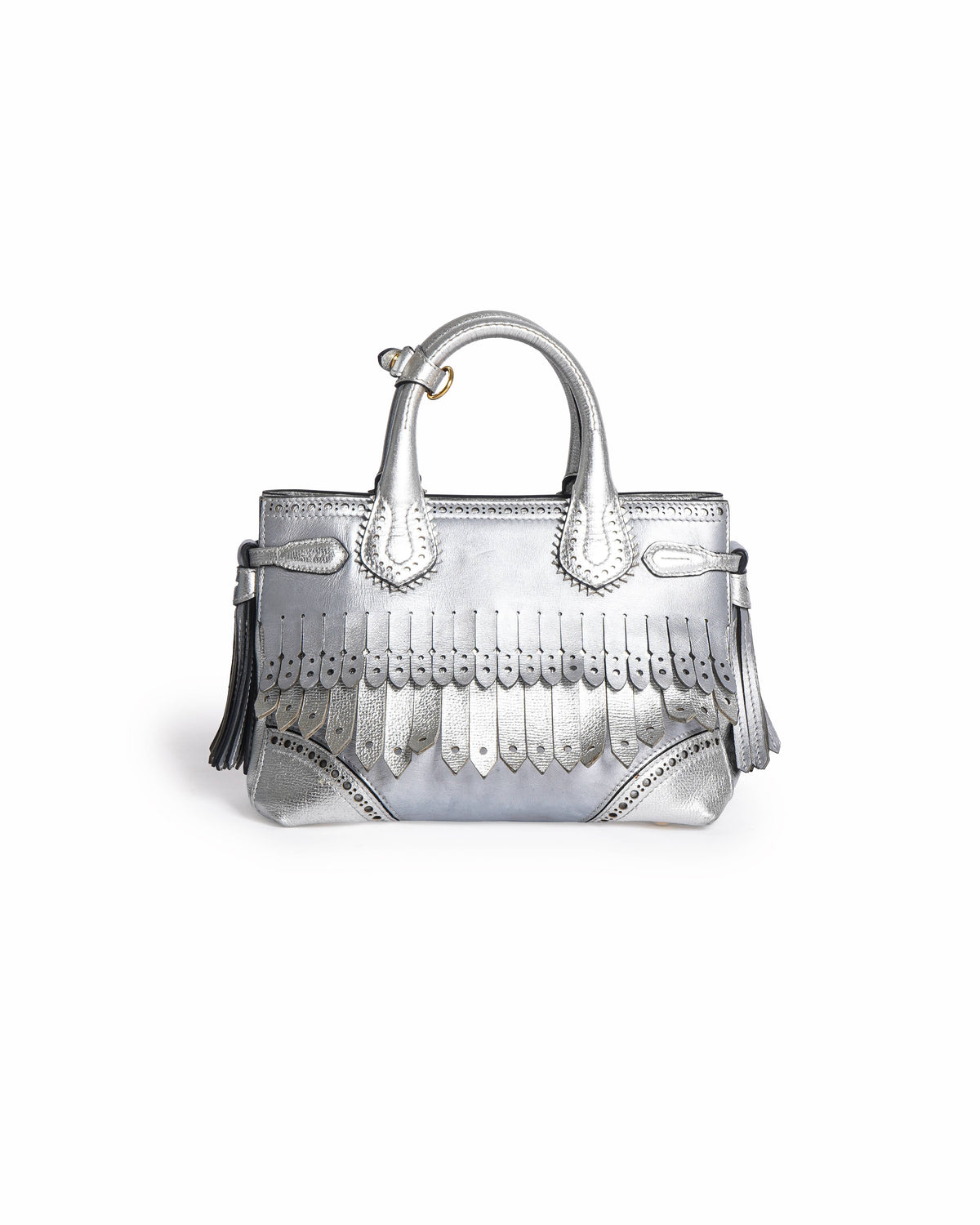 Burberry Metallic Leather Small Banner Broguing Fringe Tote Bag