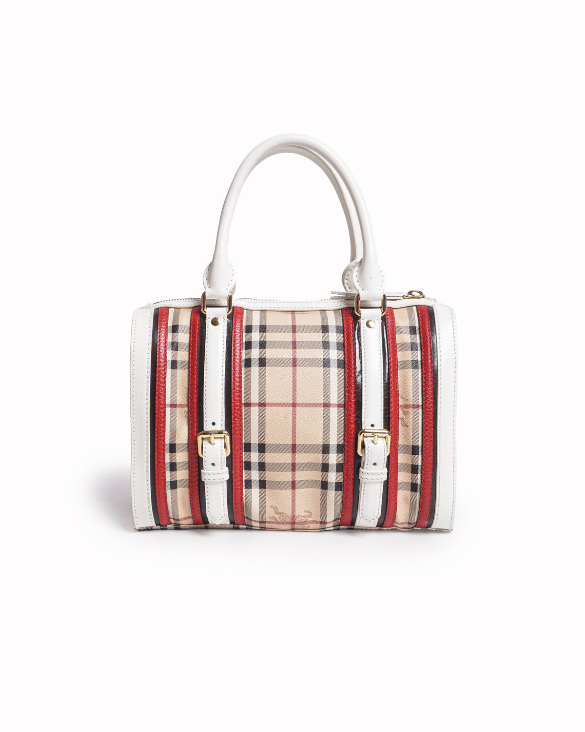 Burberry Haymarket Check White Leather Trim Top Handle Bag
