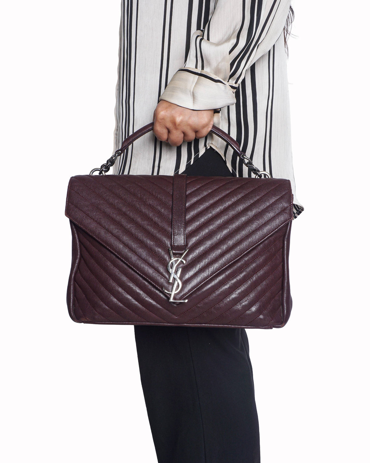 Yves Saint Laurent Burgundy Chevron Quilted Leather Monogram Medium Bag