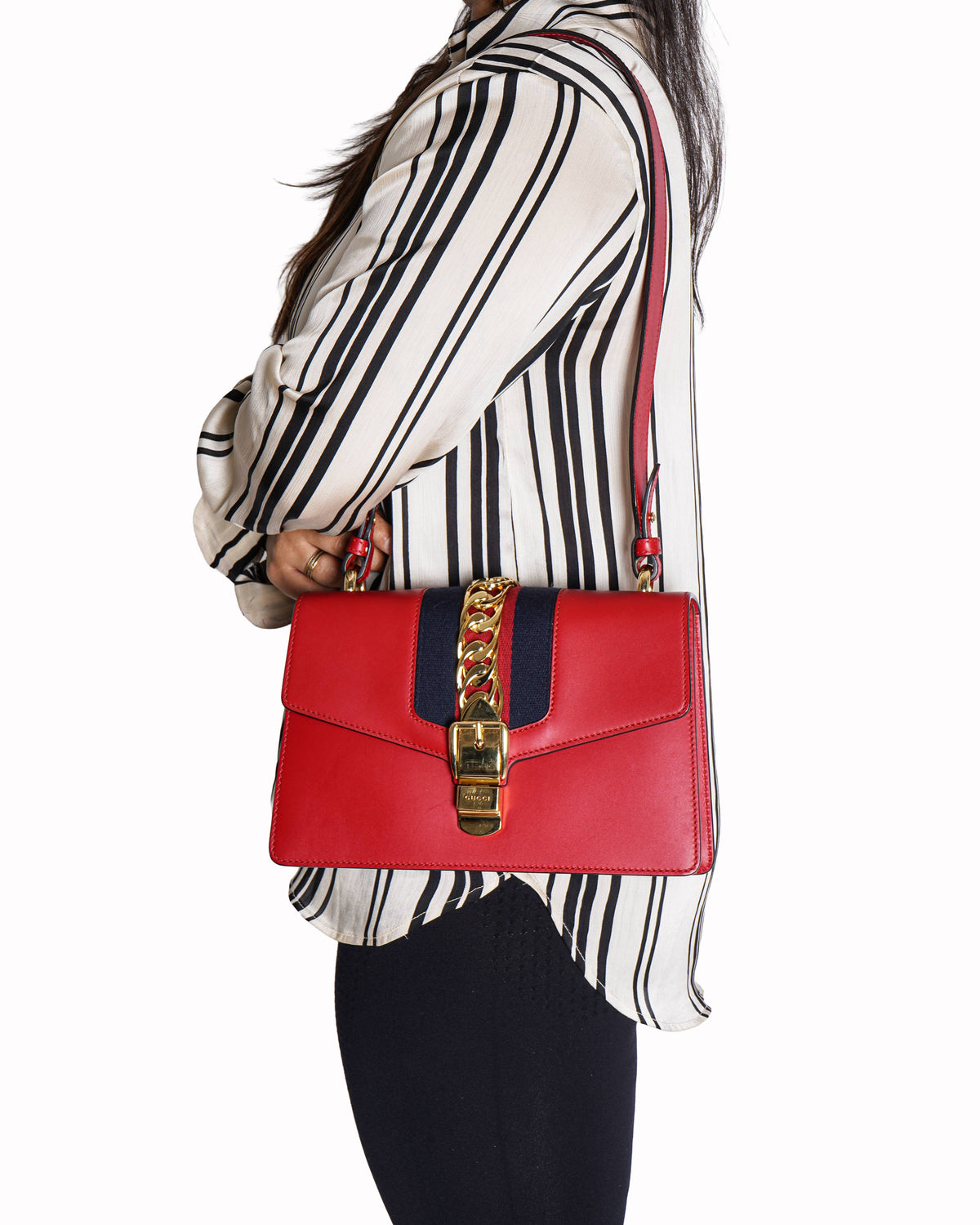 Gucci Red Smooth Leather Calfskin Leather Vintage Web Medium Sylvie Shoulder Bag