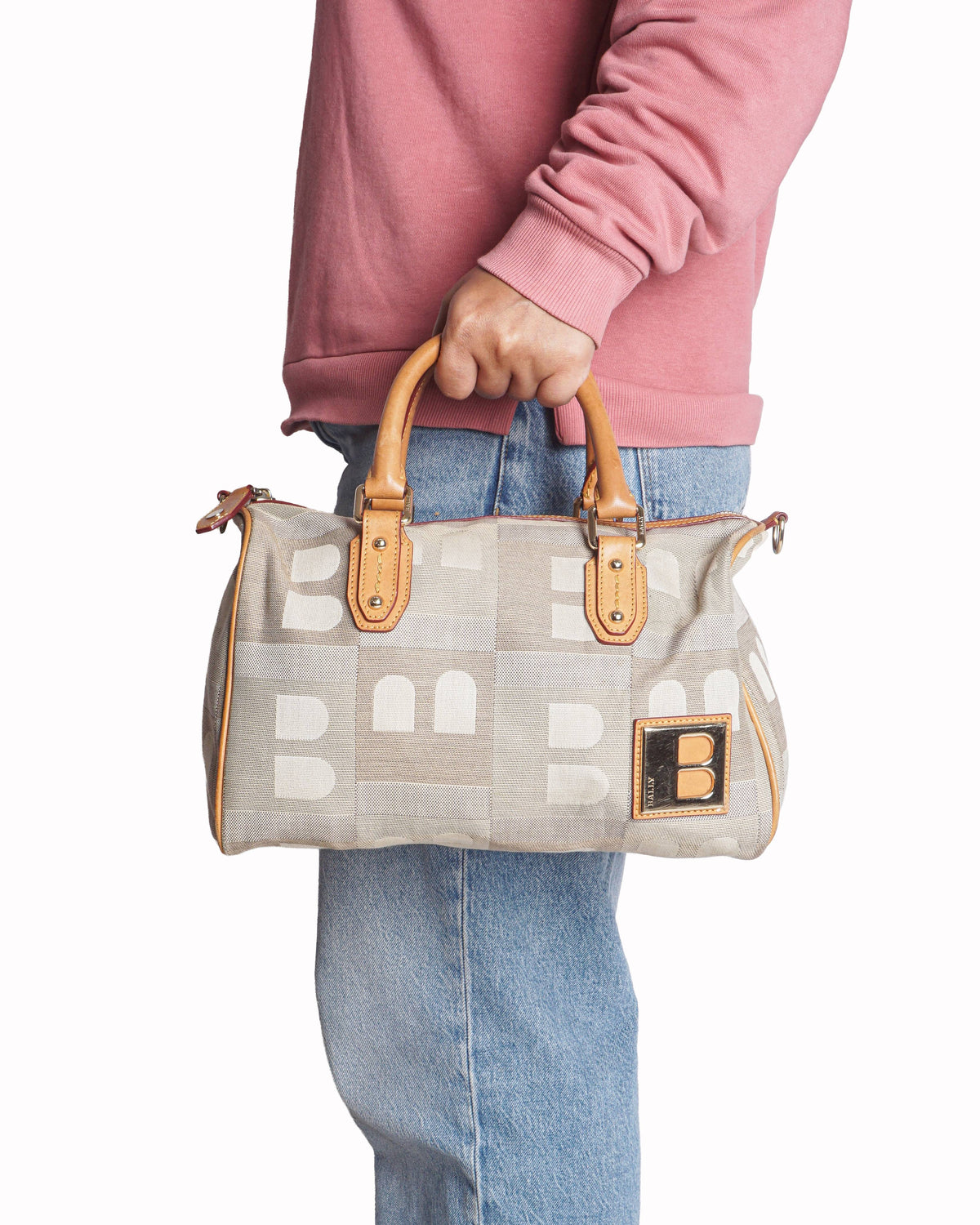 Bally Jacquard Logo Canvas Satchel Bag in Tan & Grey