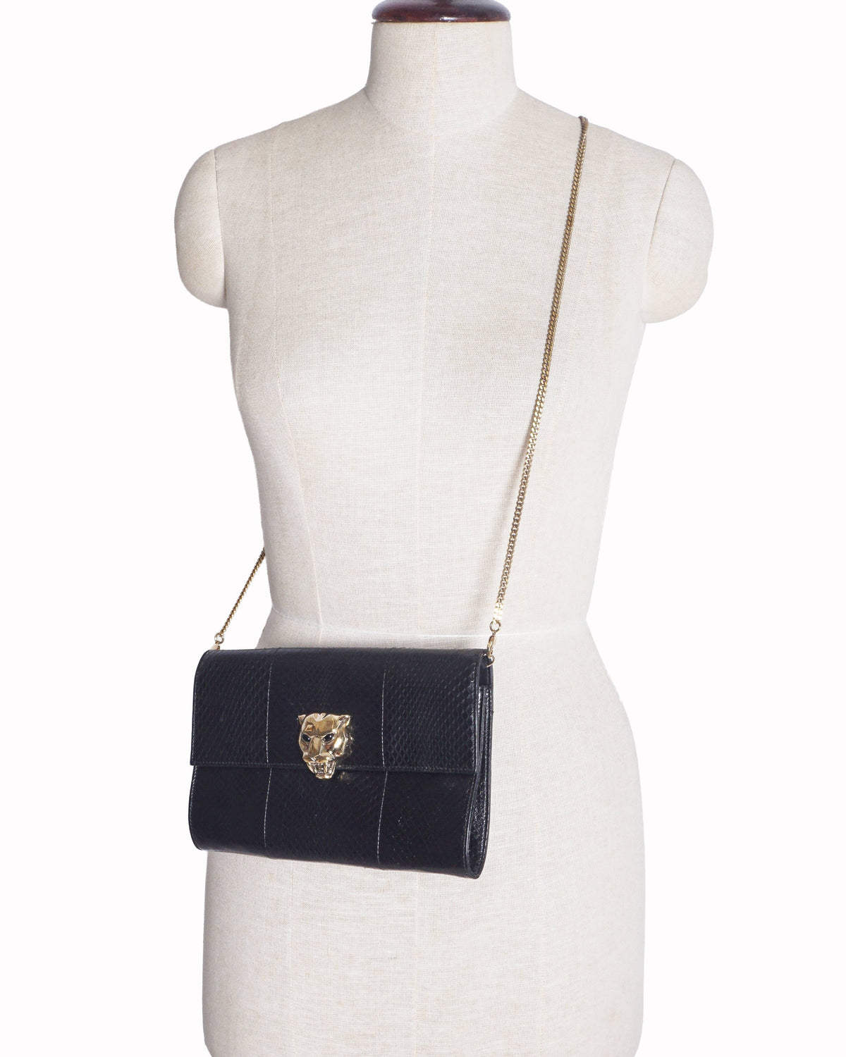 Roberto Cavalli Black Snake Embossed Panther Head Chain Bag