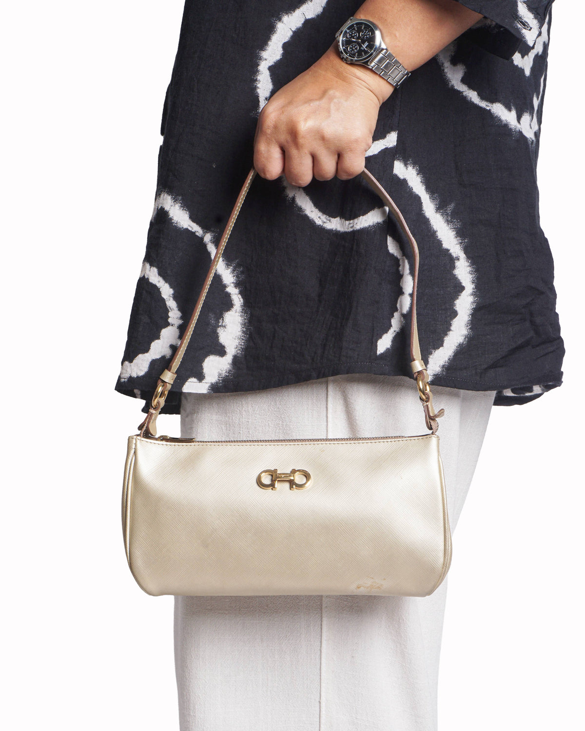 Salvatore Ferragamo Champagne Saffiano Leather Gancini Shoulder Bag