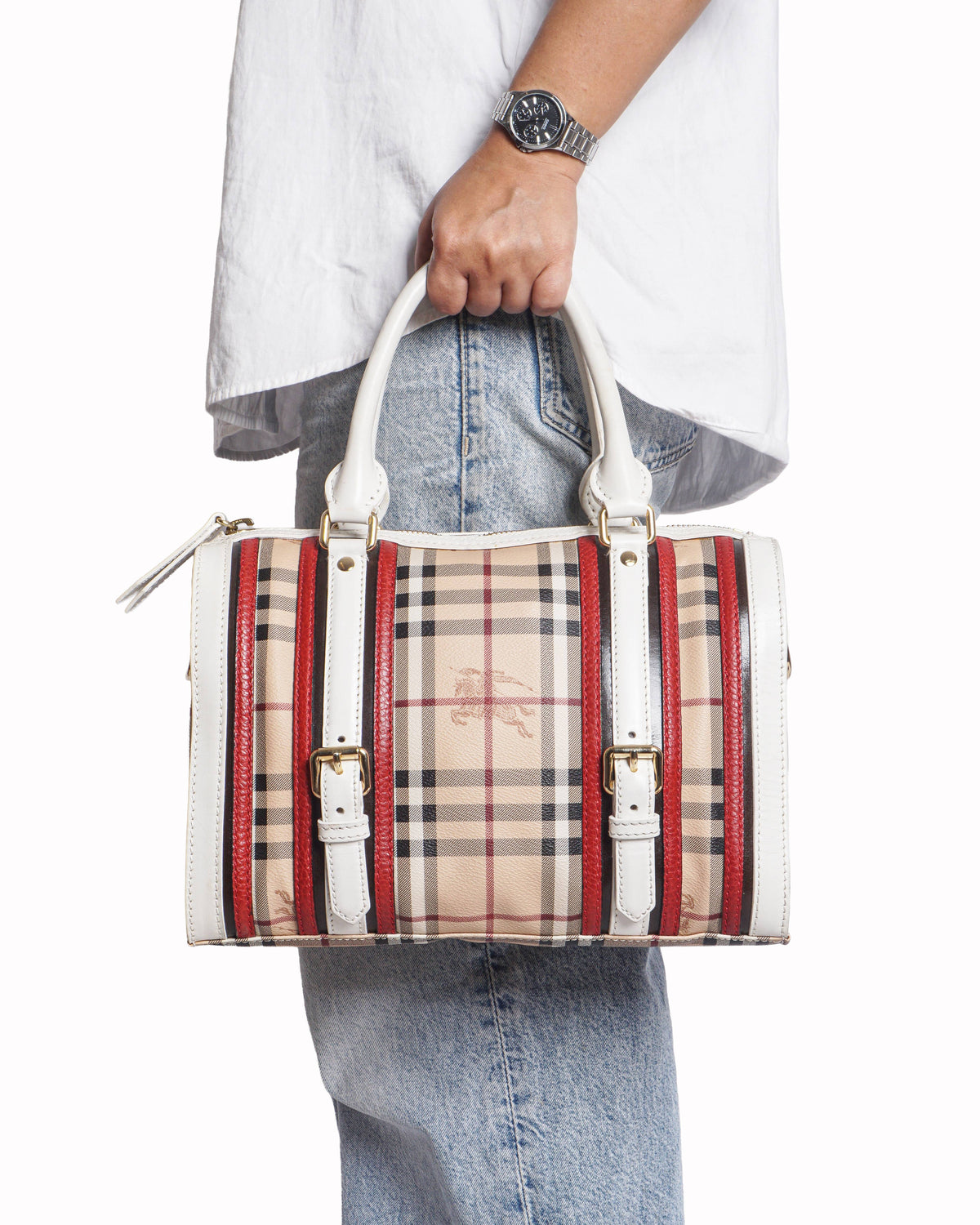 Burberry Haymarket Check White Leather Trim Top Handle Bag