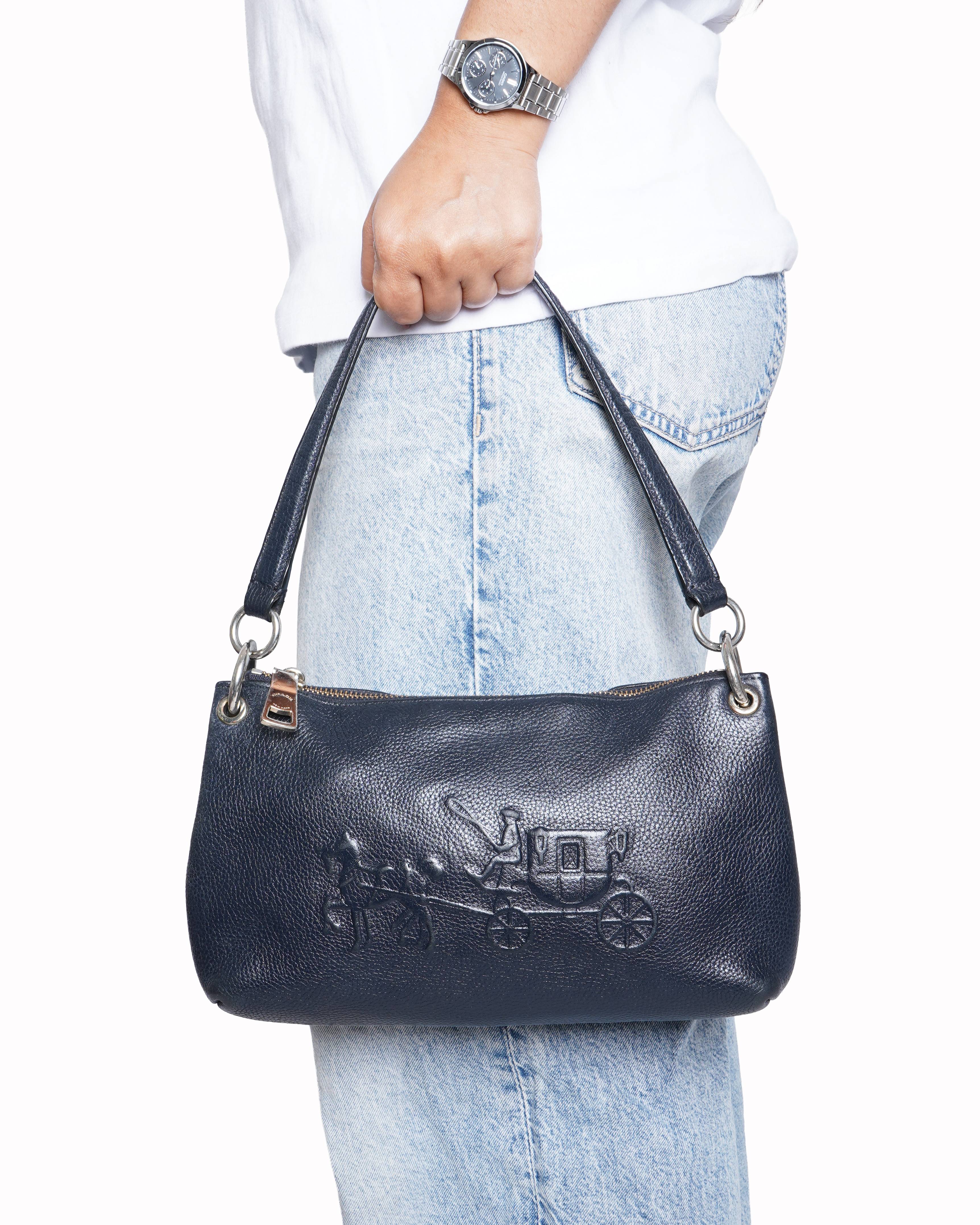 Coach 
Embossed Leather Horse Carriage Shoulder Handbag Navy Blue