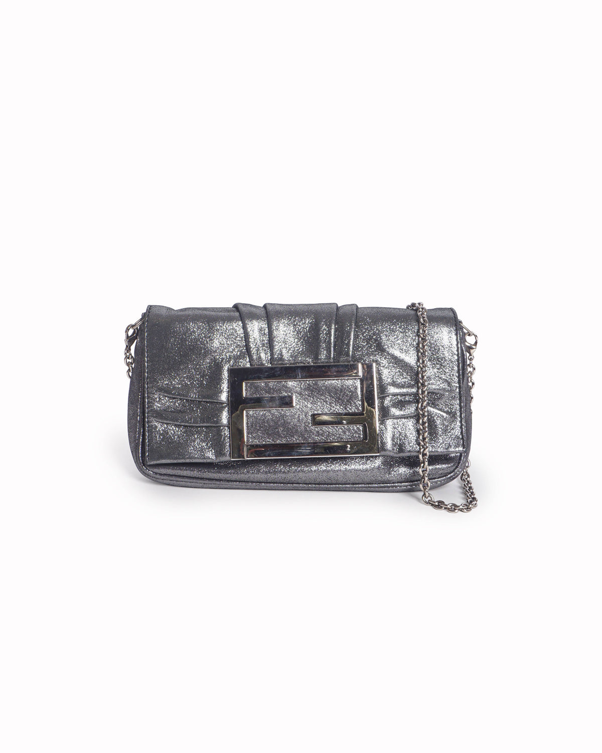Fendi Metallic Silvertone Leather Mia Pochette Bag