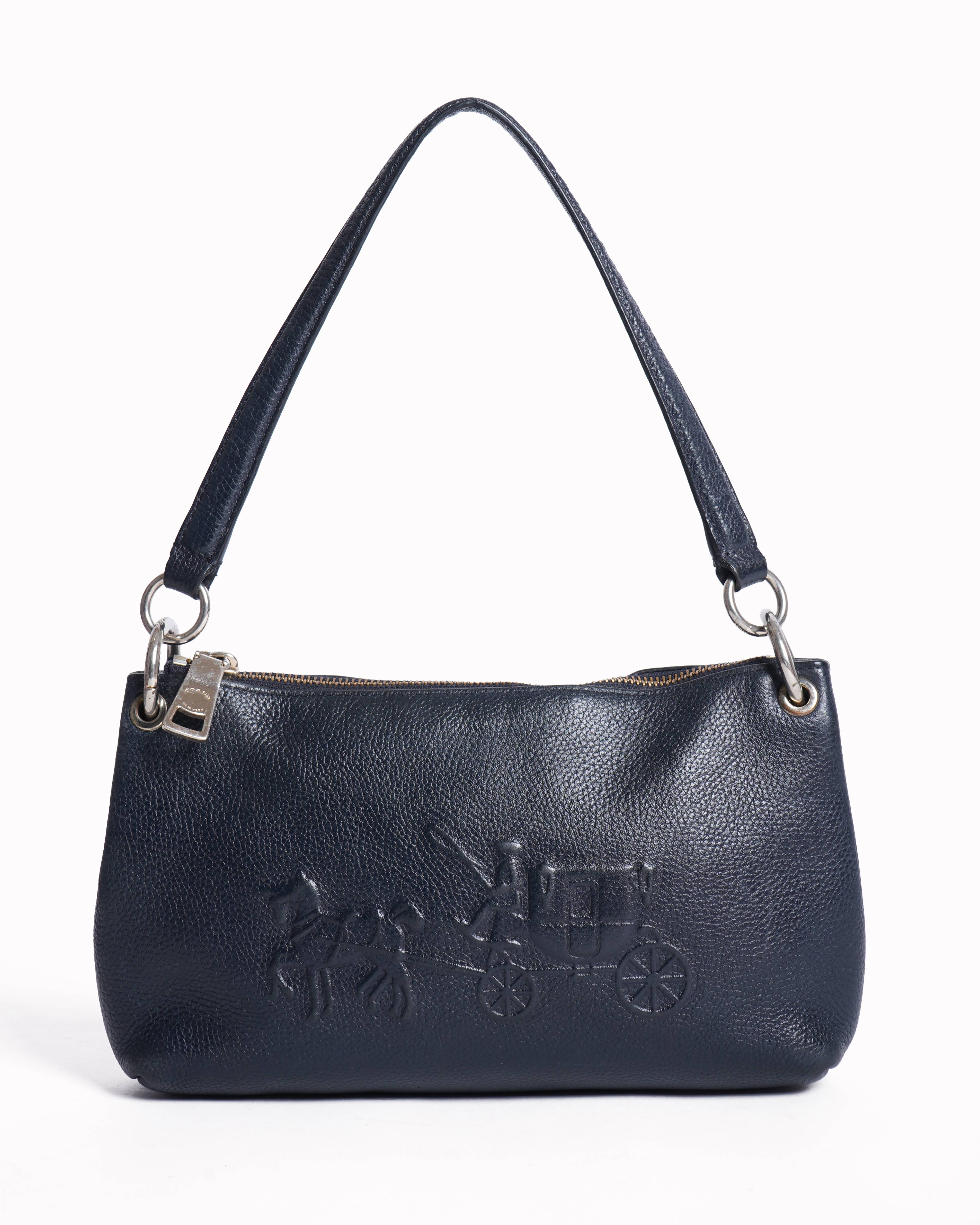 Coach 
Embossed Leather Horse Carriage Shoulder Handbag Navy Blue