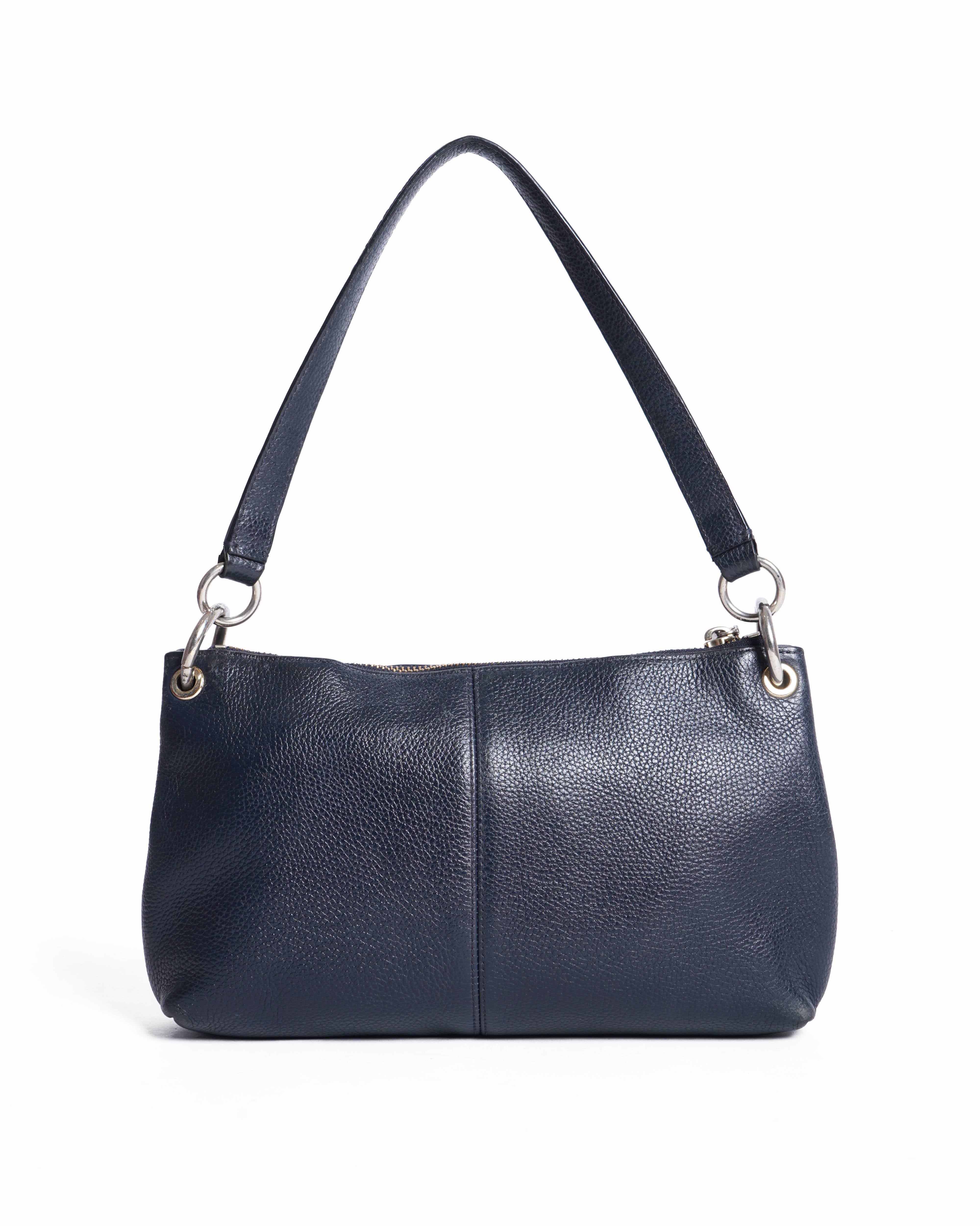 Coach 
Embossed Leather Horse Carriage Shoulder Handbag Navy Blue