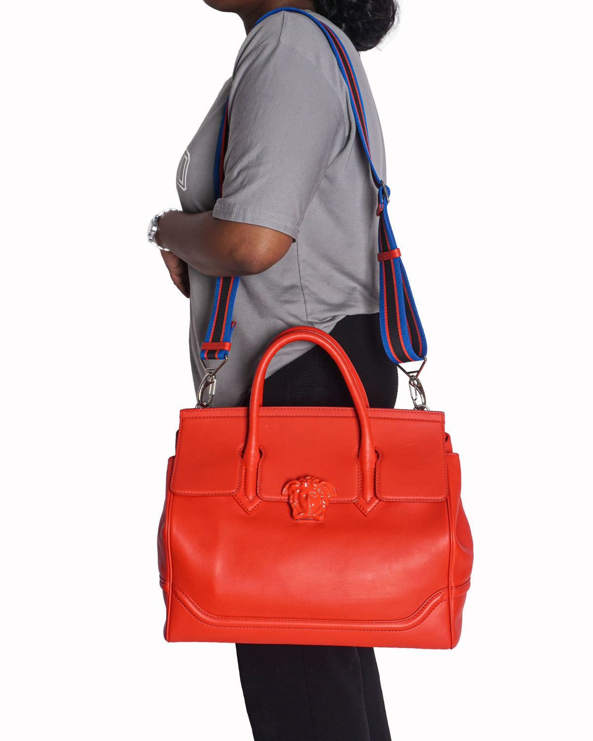 Versace Red Smooth Leather Palazzo Empire Medusa Shoulder Bag