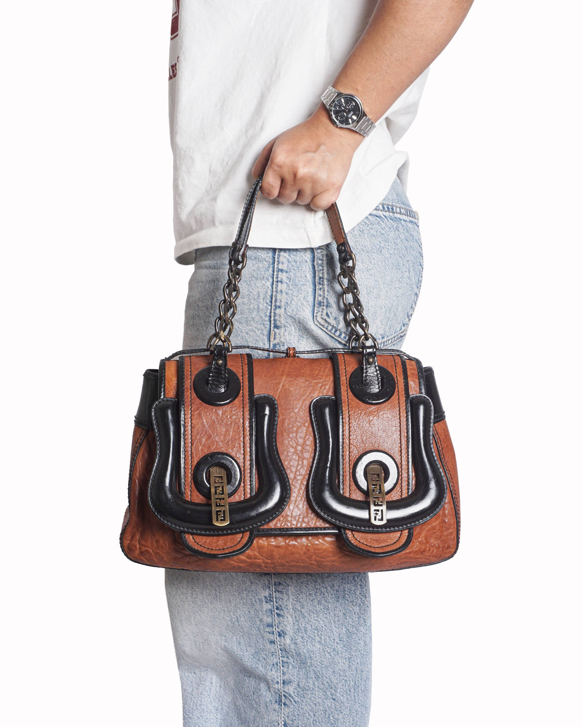 Fendi Maxi B Bag Cognac Hammered Leather Shoulder Bag