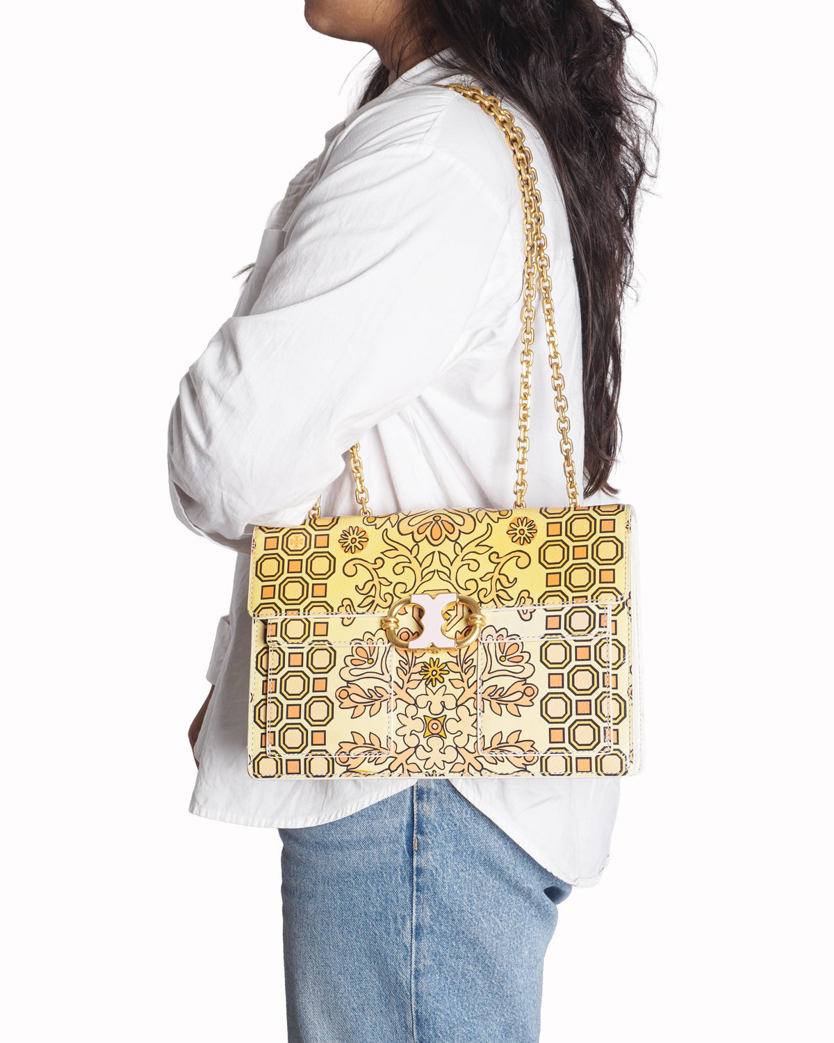 Tory Burch Kira Yellow & Orange Floral Printed Leather Shoulder Bag