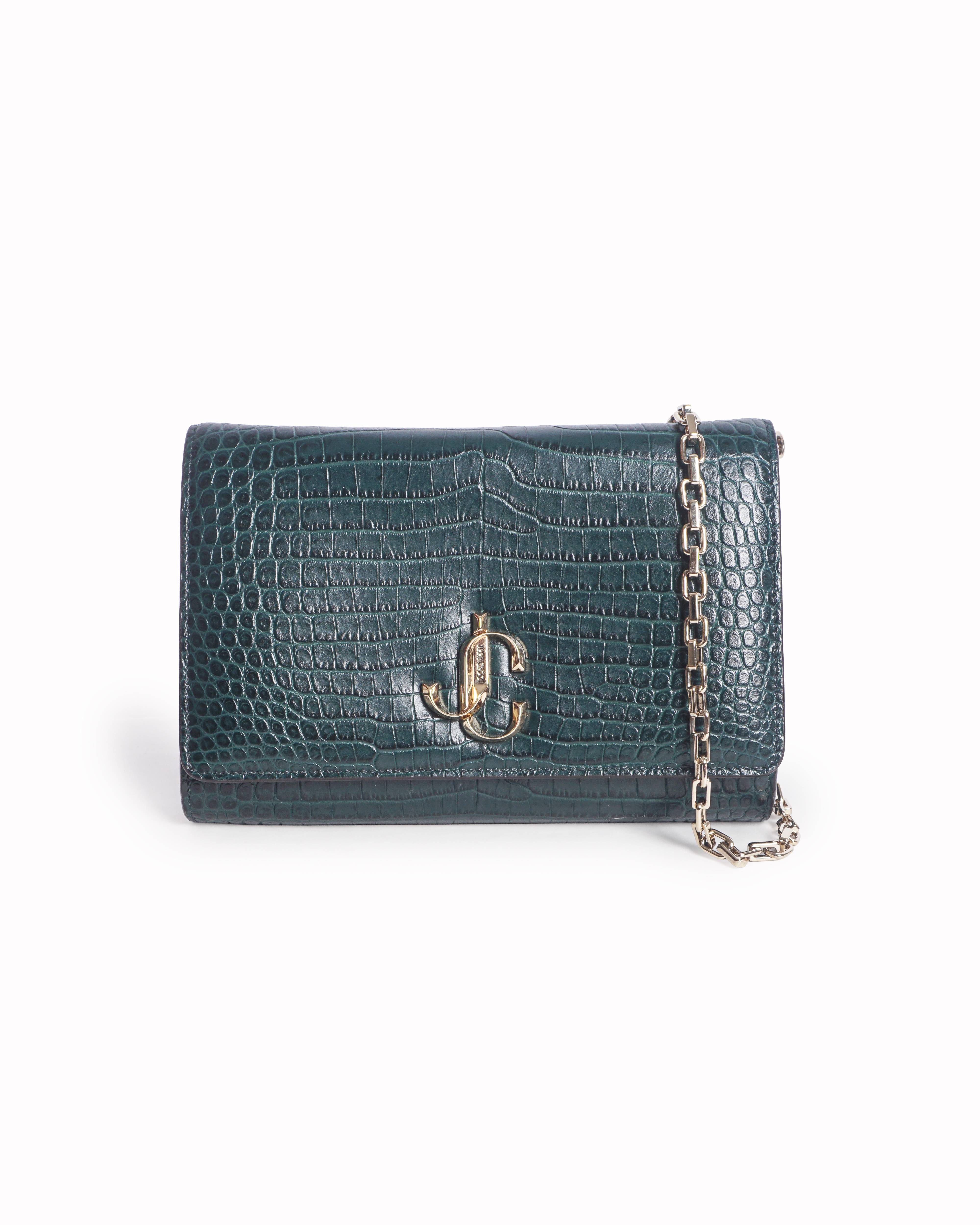 Jimmy Choo Dark Green Varenne Croc-Embossed Clutch