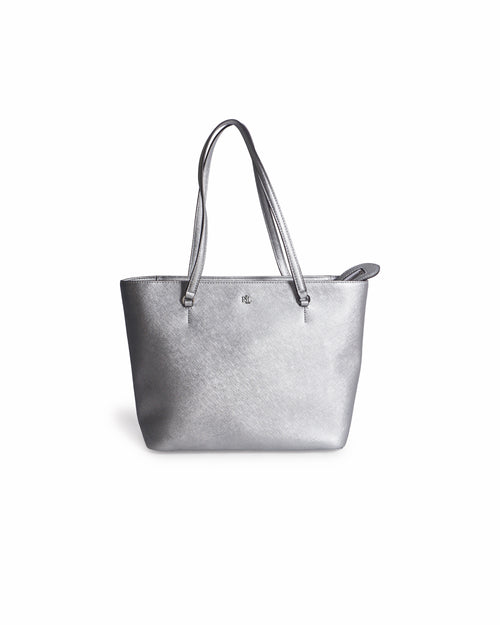 Ralph Lauren Metallic Silver Karly Crosshatch Leather Tote