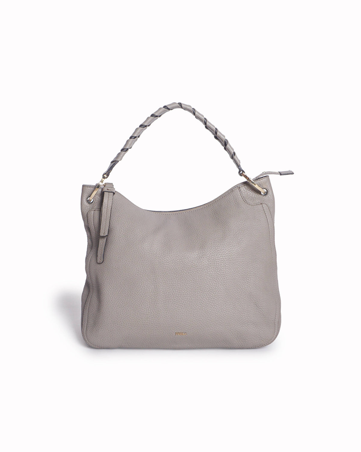Furla Grey Pebbled Leather Braided Handle Hobo Bag