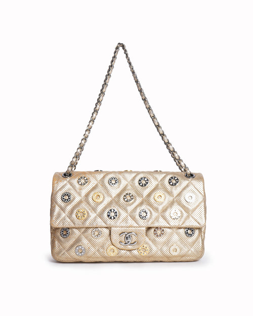 Chanel paris dubai perforated metallic lambskin medals flap shoulder bag in gold