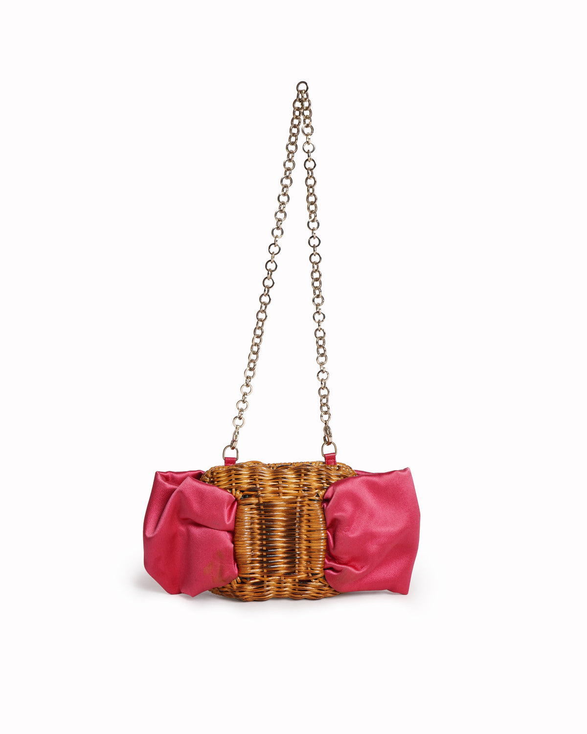 Salvatore Ferragamo Mini Natural Wicker & Pink Satin Bow Shoulder Bag