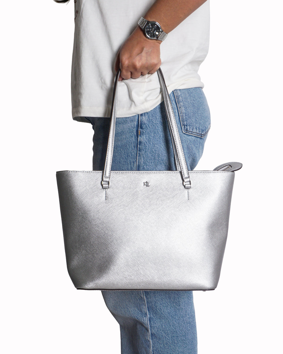 Ralph Lauren Metallic Silver Karly Crosshatch Leather Tote