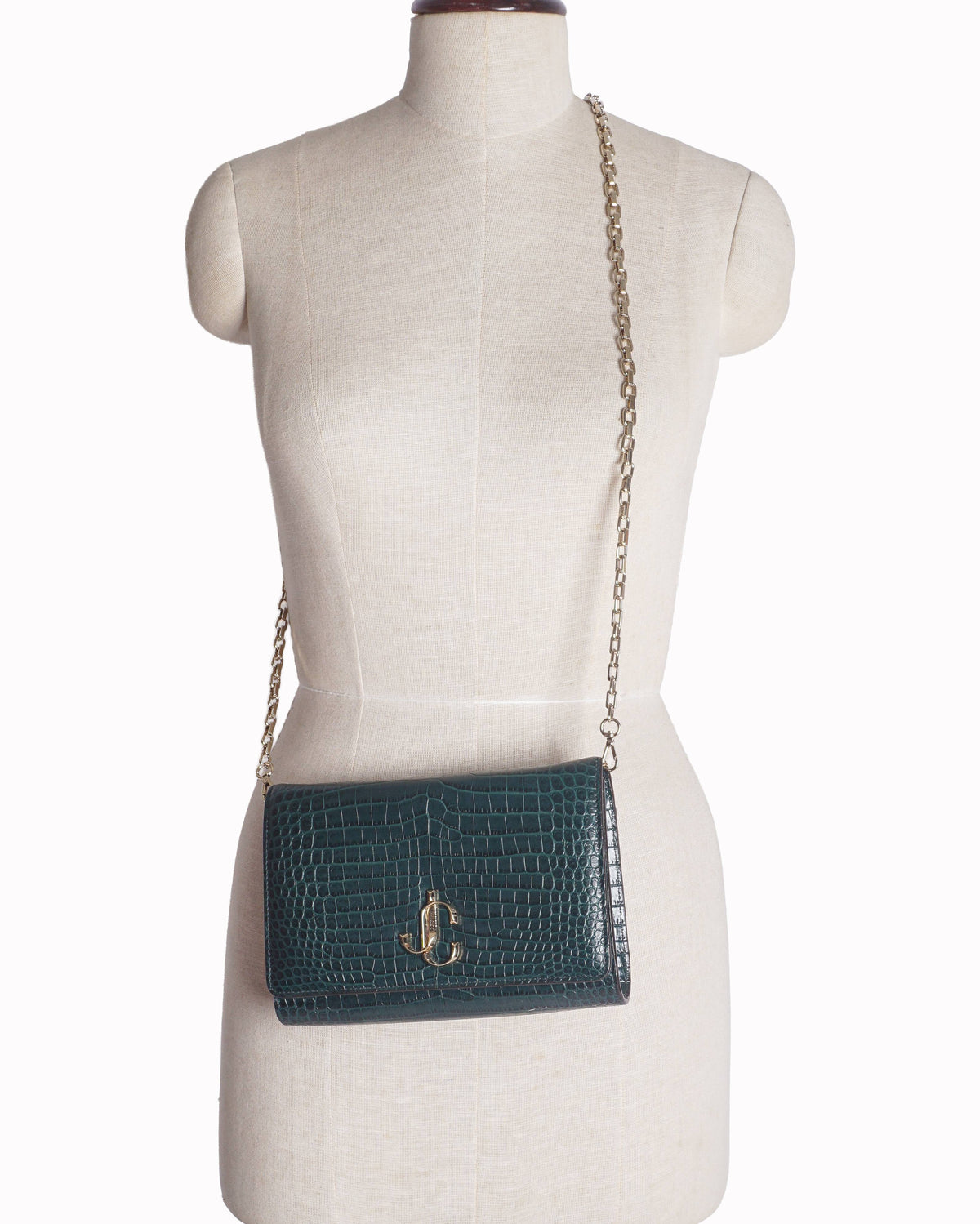 Jimmy Choo Dark Green Varenne Croc-Embossed Clutch
