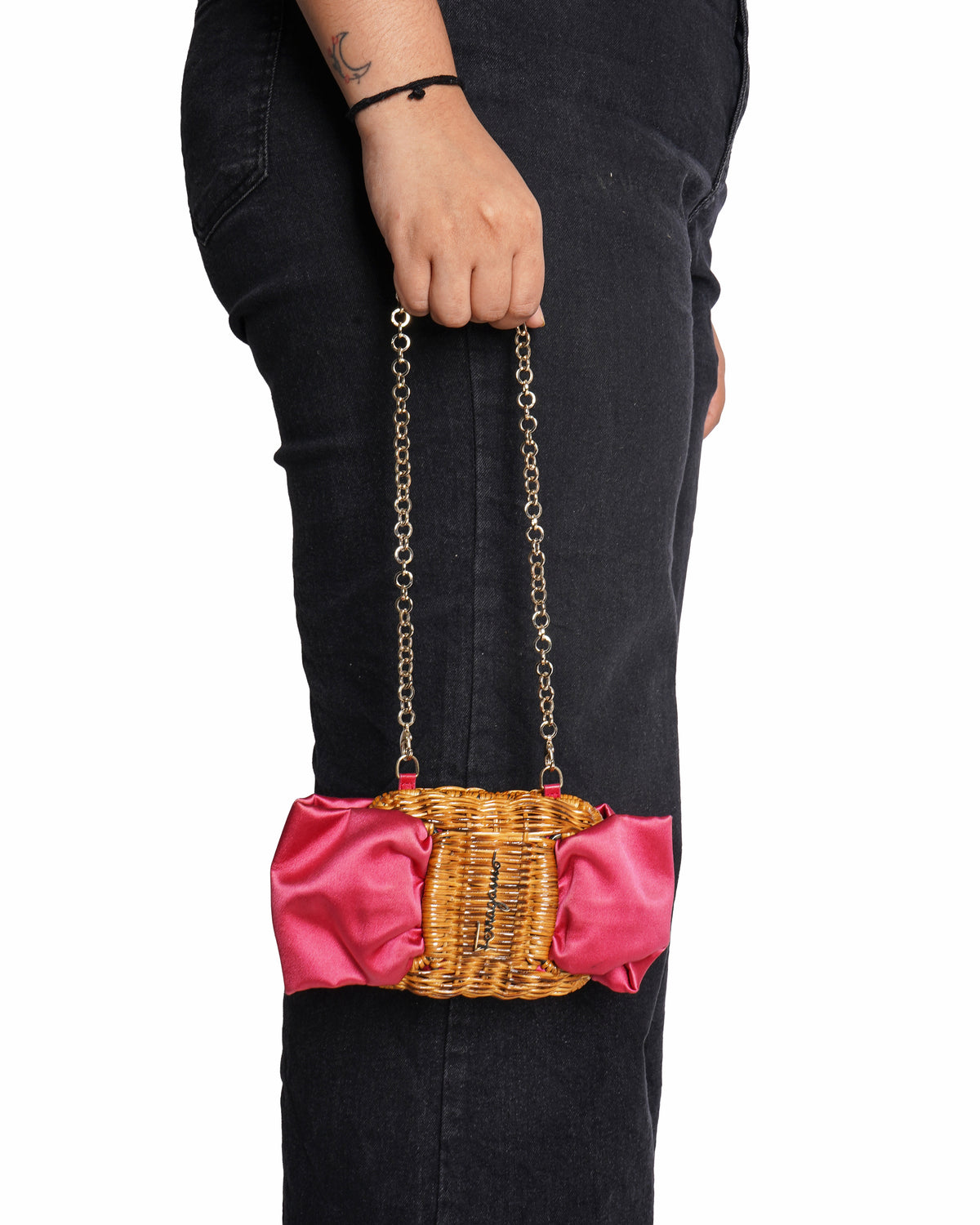 Salvatore Ferragamo Mini Natural Wicker & Pink Satin Bow Shoulder Bag
