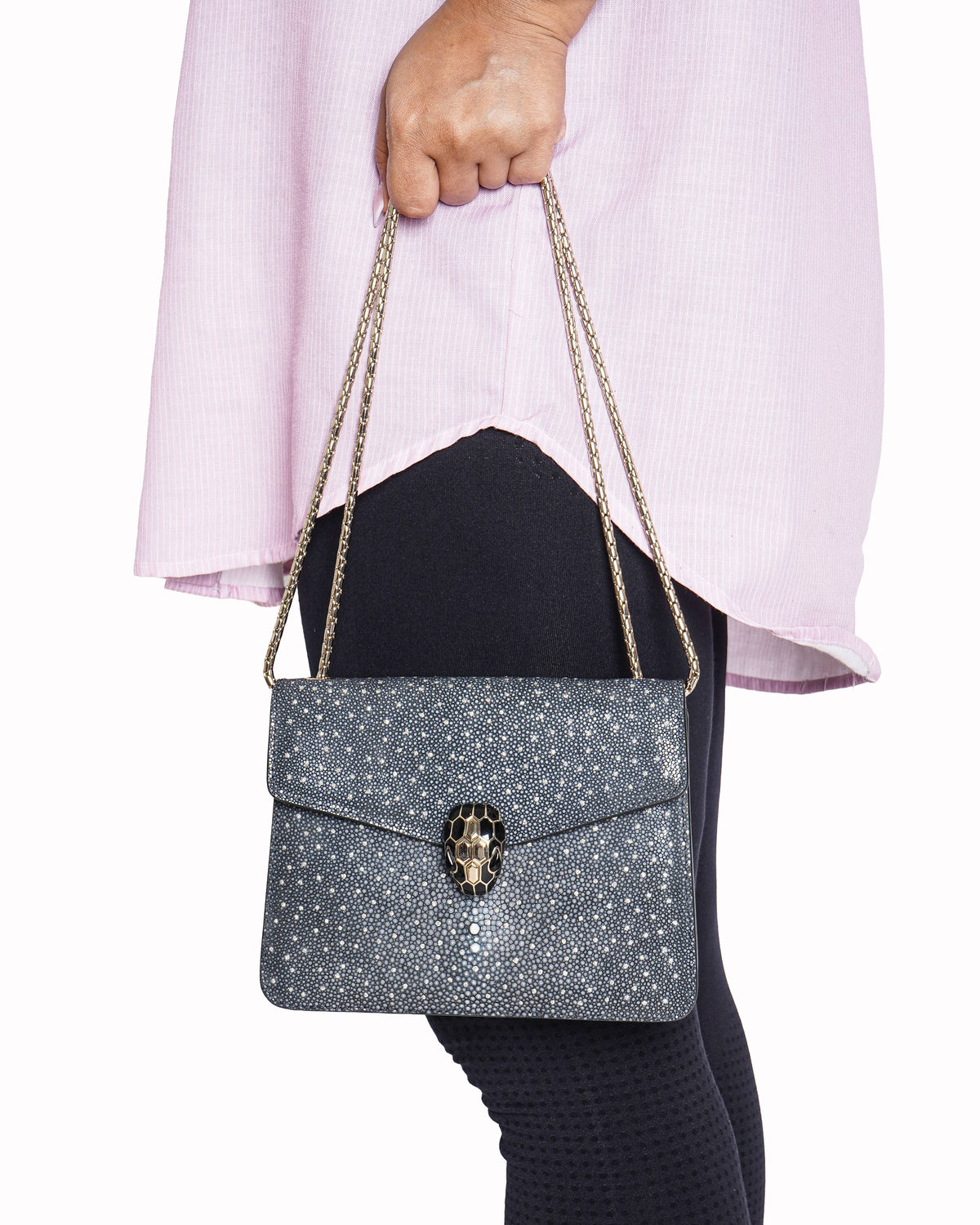 Bvlgari Serpenti Forever Crossbody Bag In galuchat skin with black Metropolitan calf leather