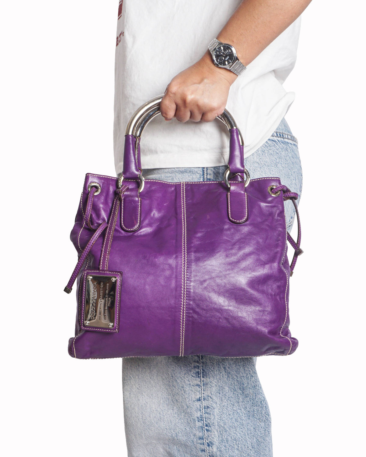 Dolce & Gabbana Purple Leather Metallic Handle Tote Bag