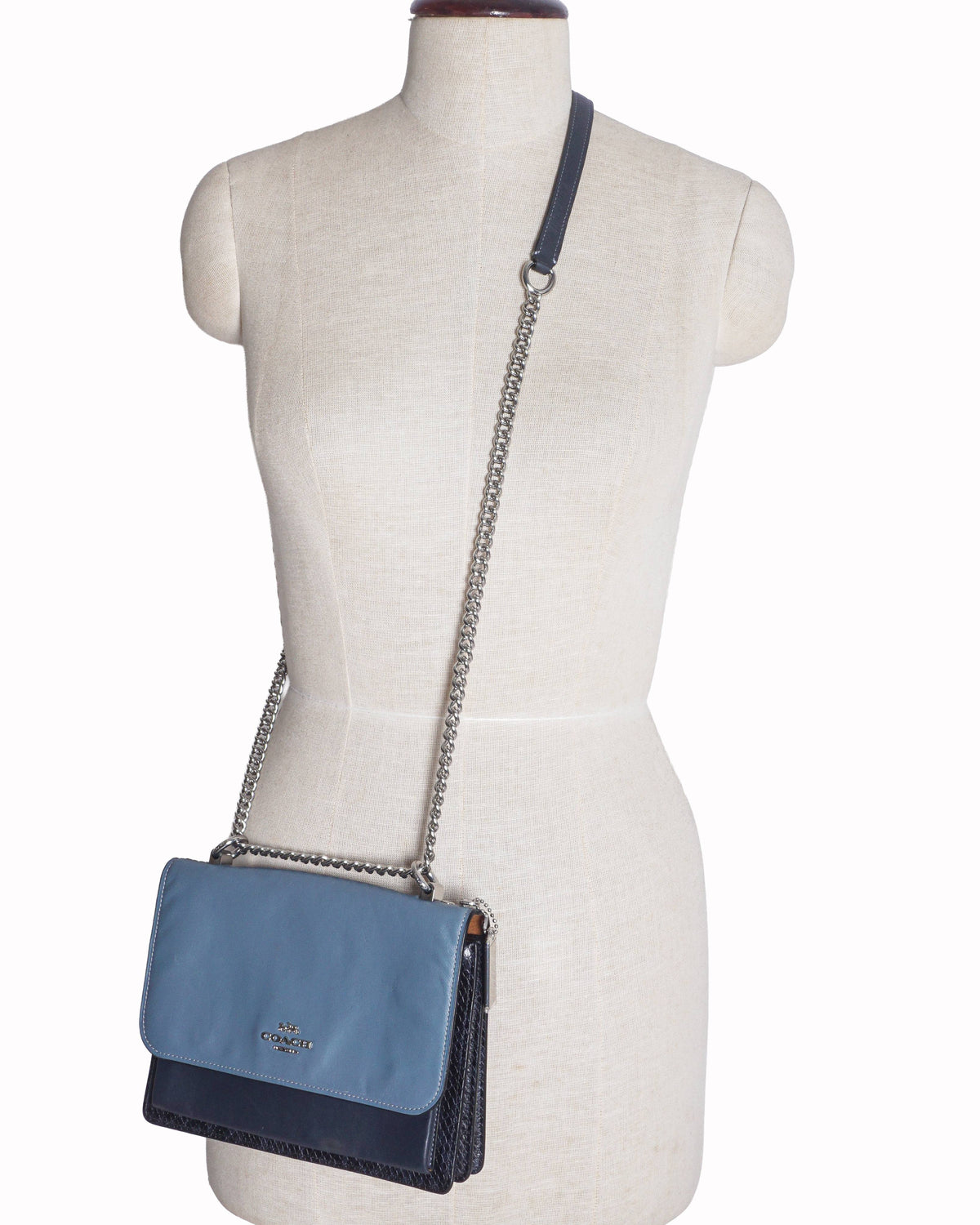Coach Slate Blue & Black Colorblock Snake-Embossed Chain Crossbody Bag