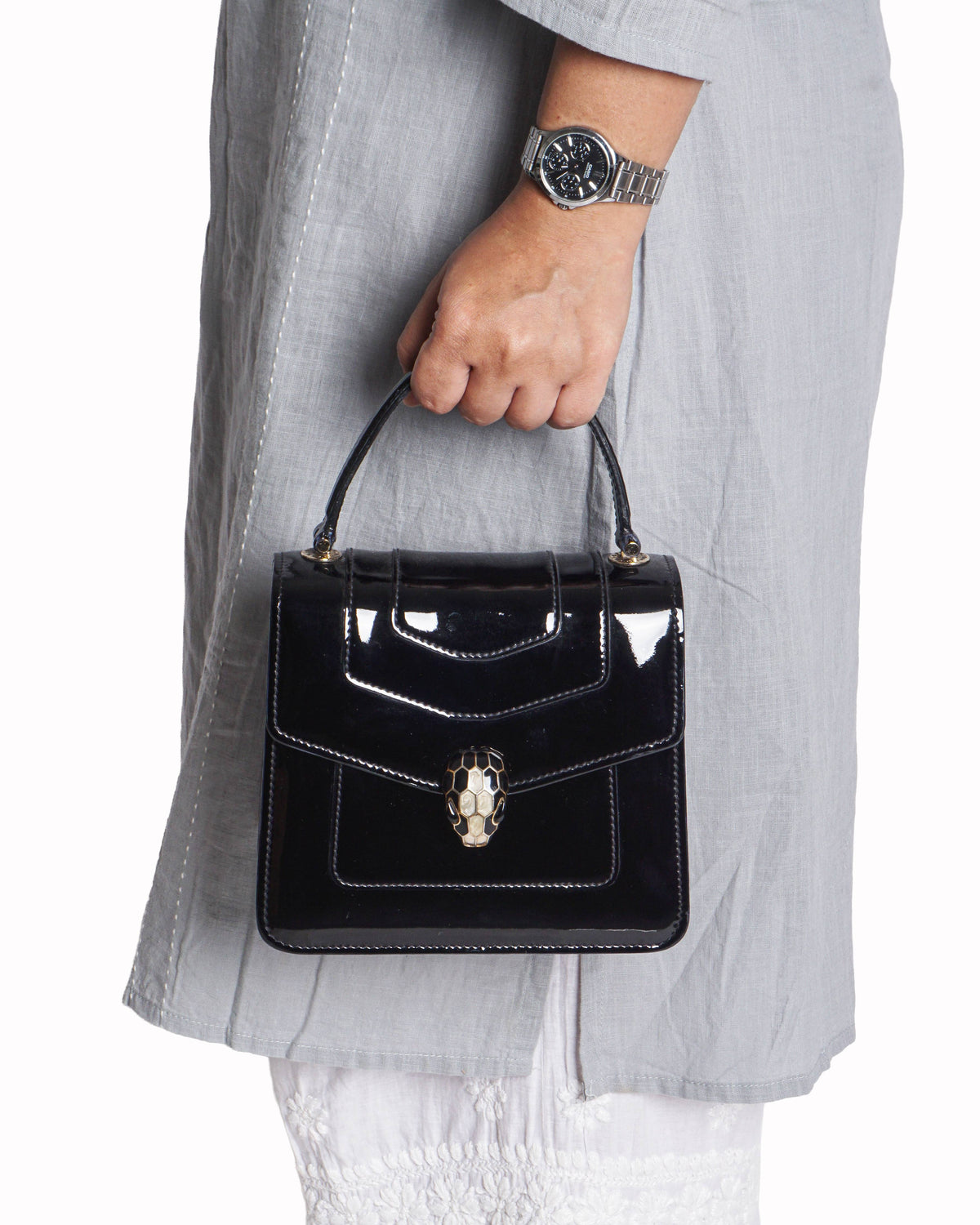 Bvlgari Black Patent Leather Serpenti Forever Top Handle Bag