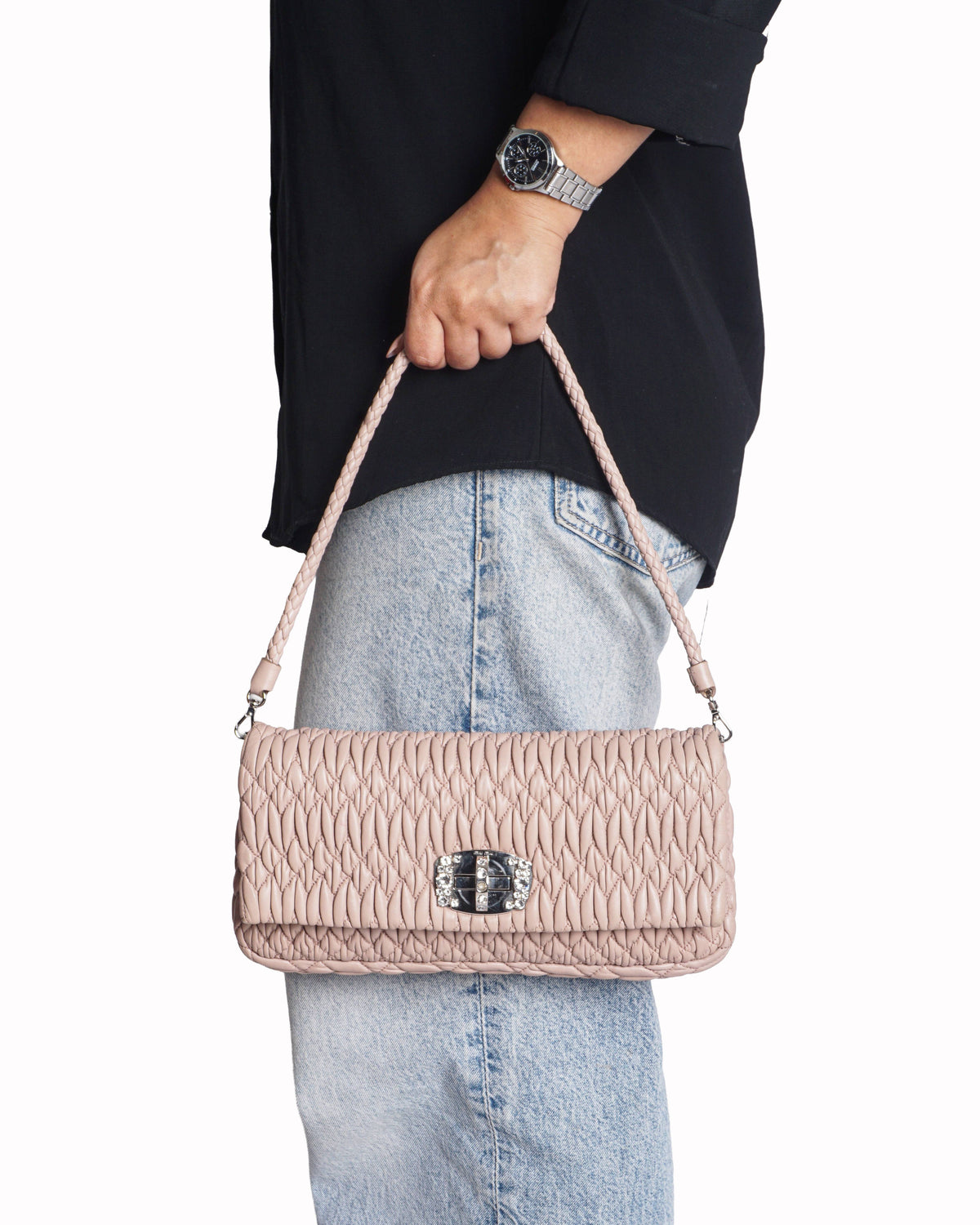 Miu Miu Blush Pink Nappa Crystal Matelassé Bag