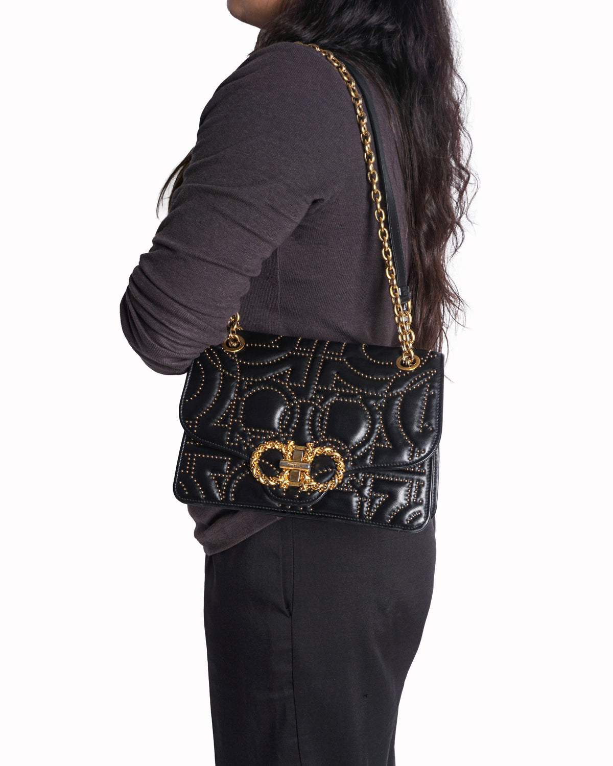 Salvatore Ferragamo Gancini Studded Leather Shoulder Bag
