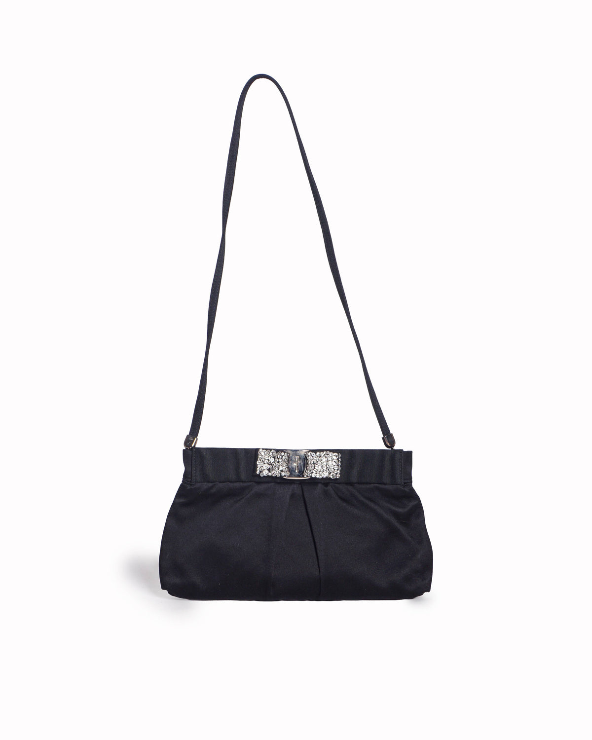 Salvatore Ferragamo Black Satin Vara Crystal Bow Evening Clutch