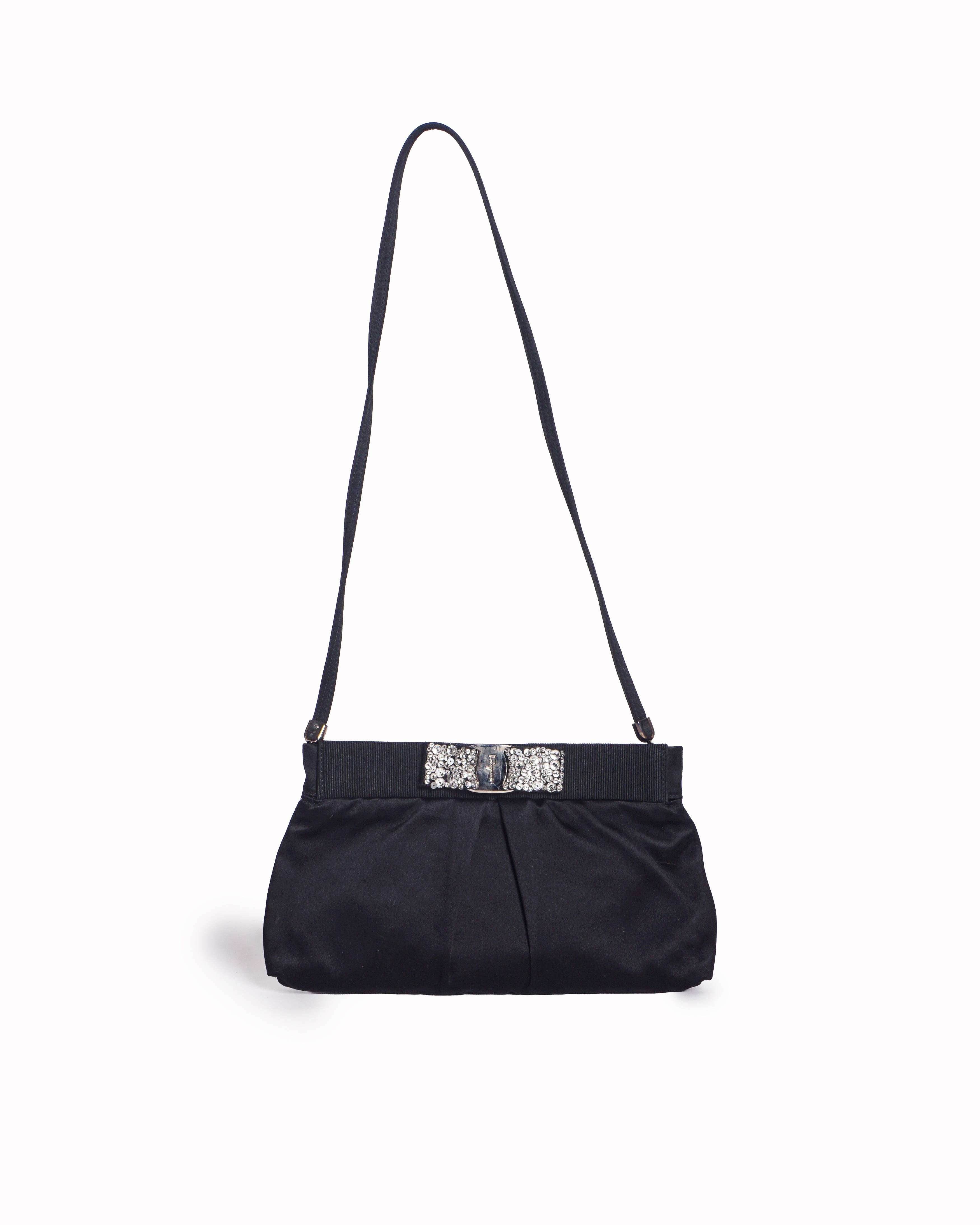 Salvatore Ferragamo Black Satin Vara Crystal Bow Evening Clutch