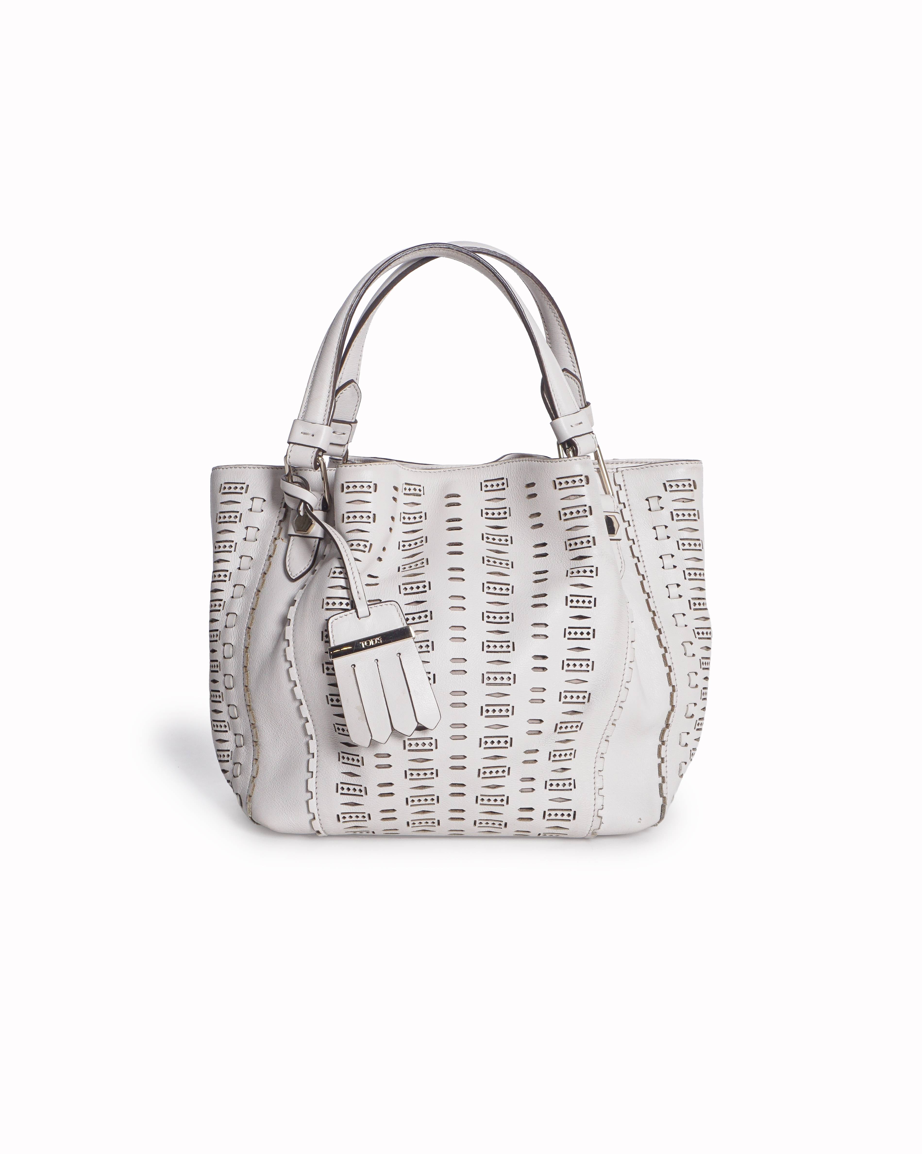 Tod's White Laser-Cut Perforated Leather Bucket Bag