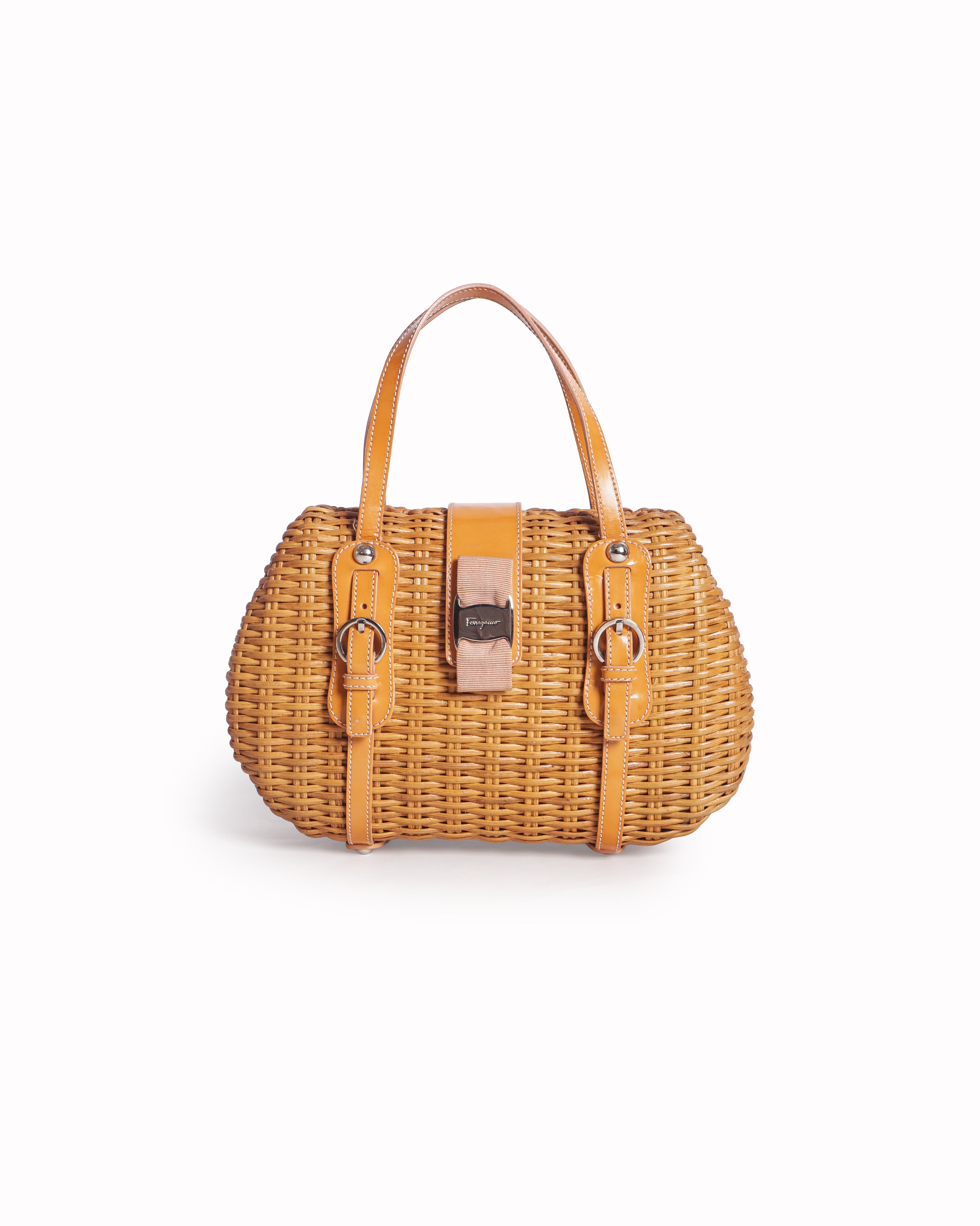 Salvatore Ferragamo Orange Patent Leather & Woven Raffia Vara Bow Bag