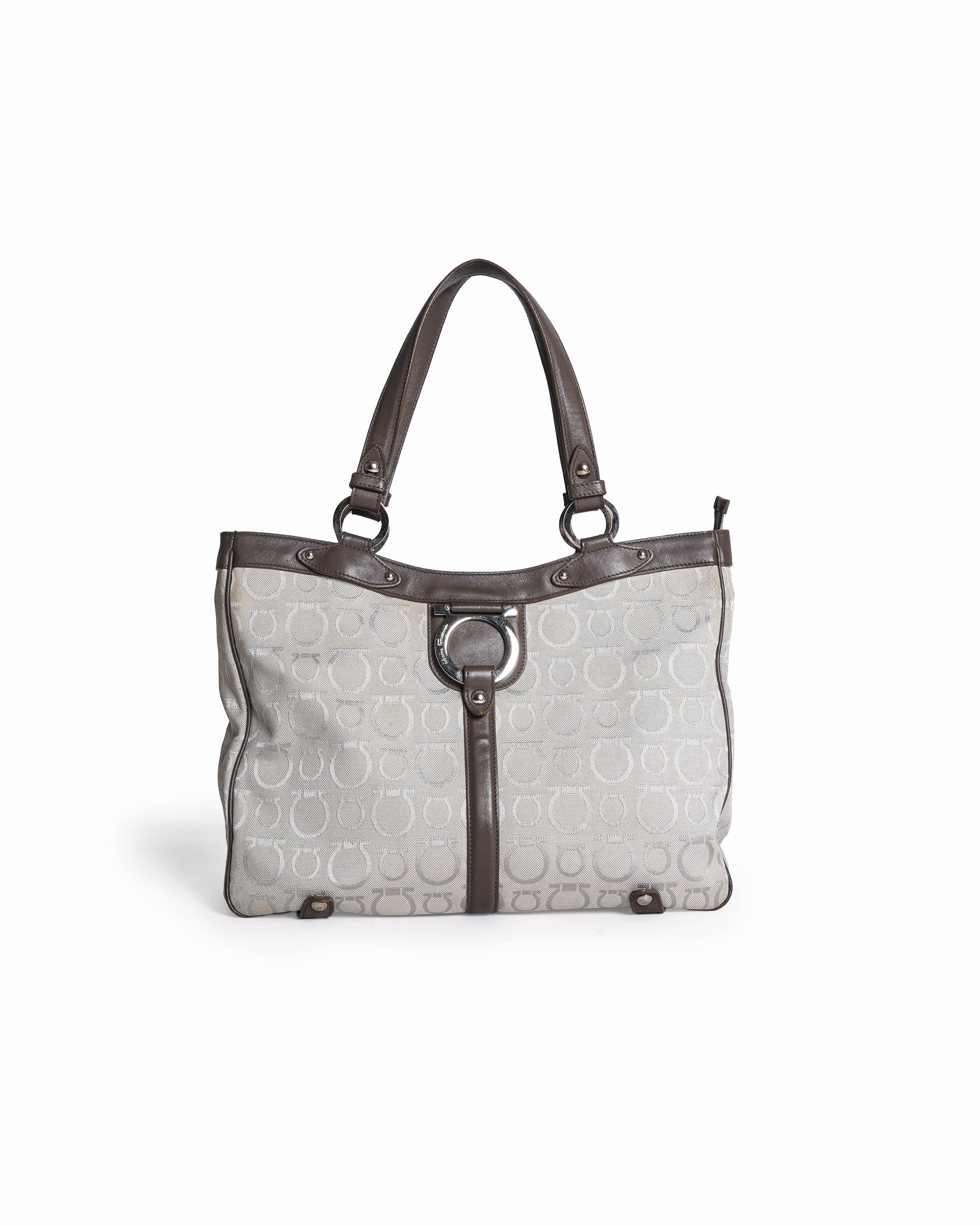 Salvatore Ferragamo Gancini Taupe Canvas & Leather Tote