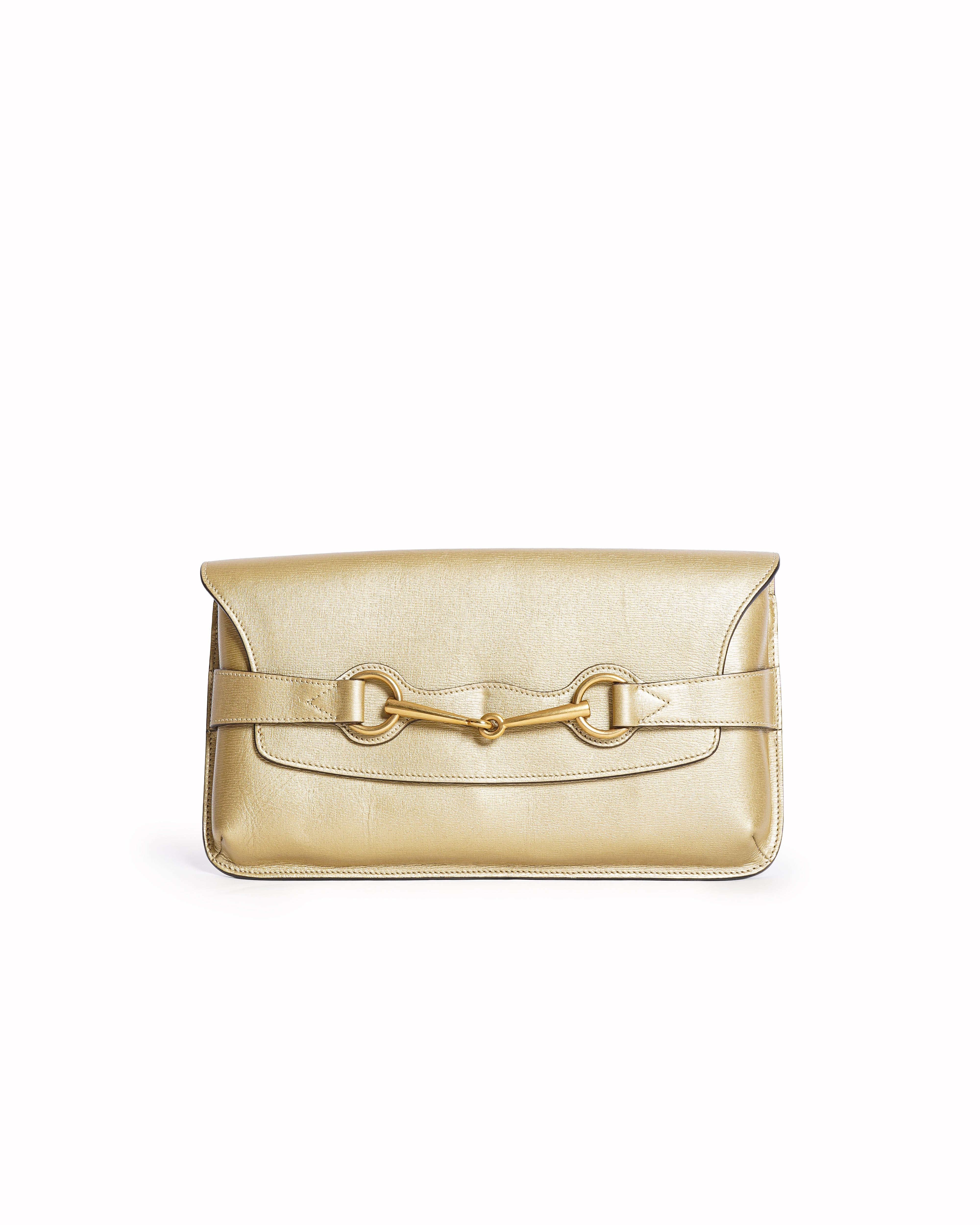 Gucci Metallic Beige Leather Horse Bit Detail Clutch