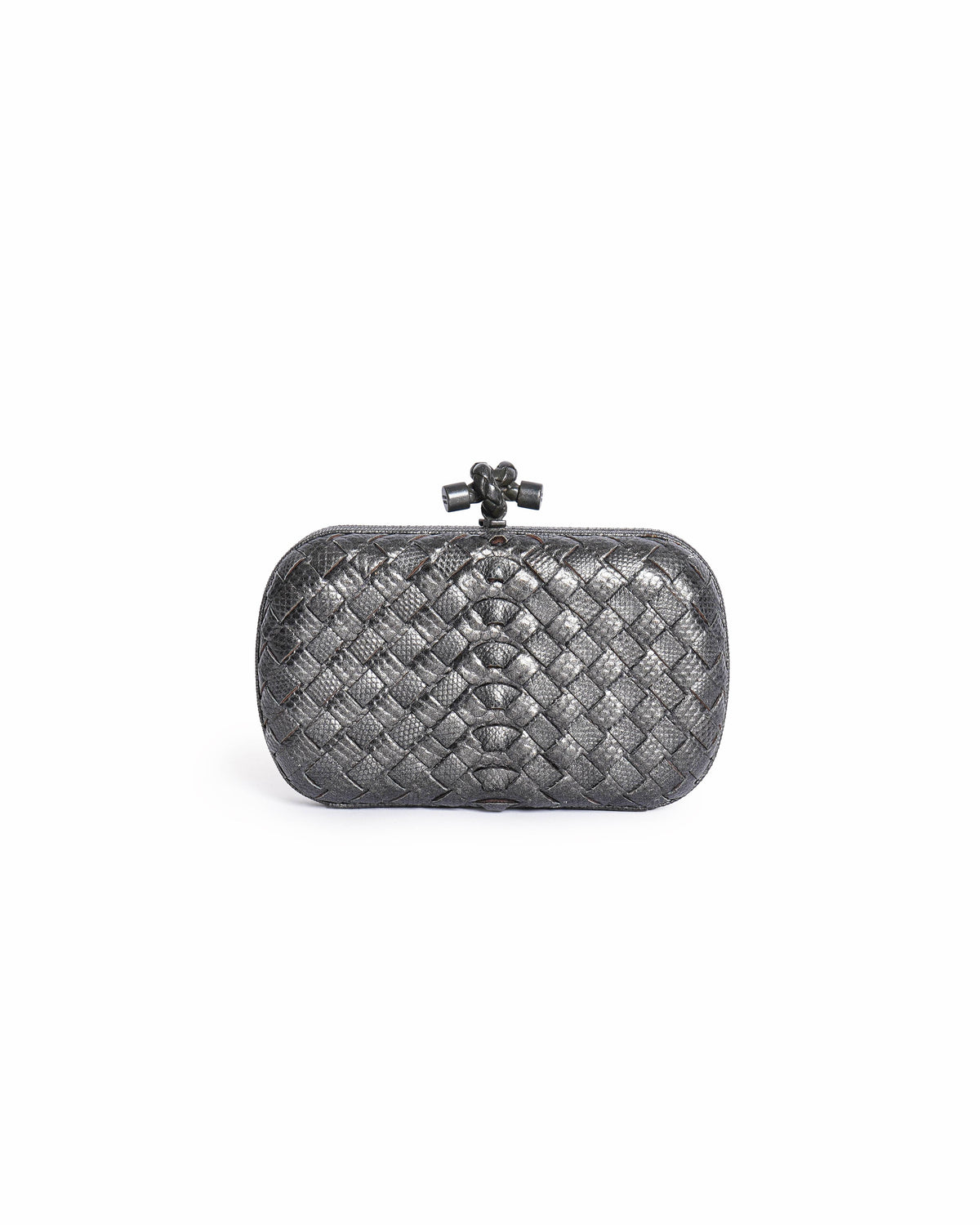 Bottega Veneta Metallic Grey Lizard Knot Clutch