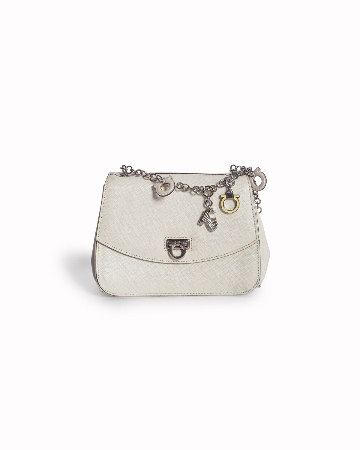 Salvatore Ferragamo Ivory Saffiano Leather Flap Chain Mini Crossbody Bag