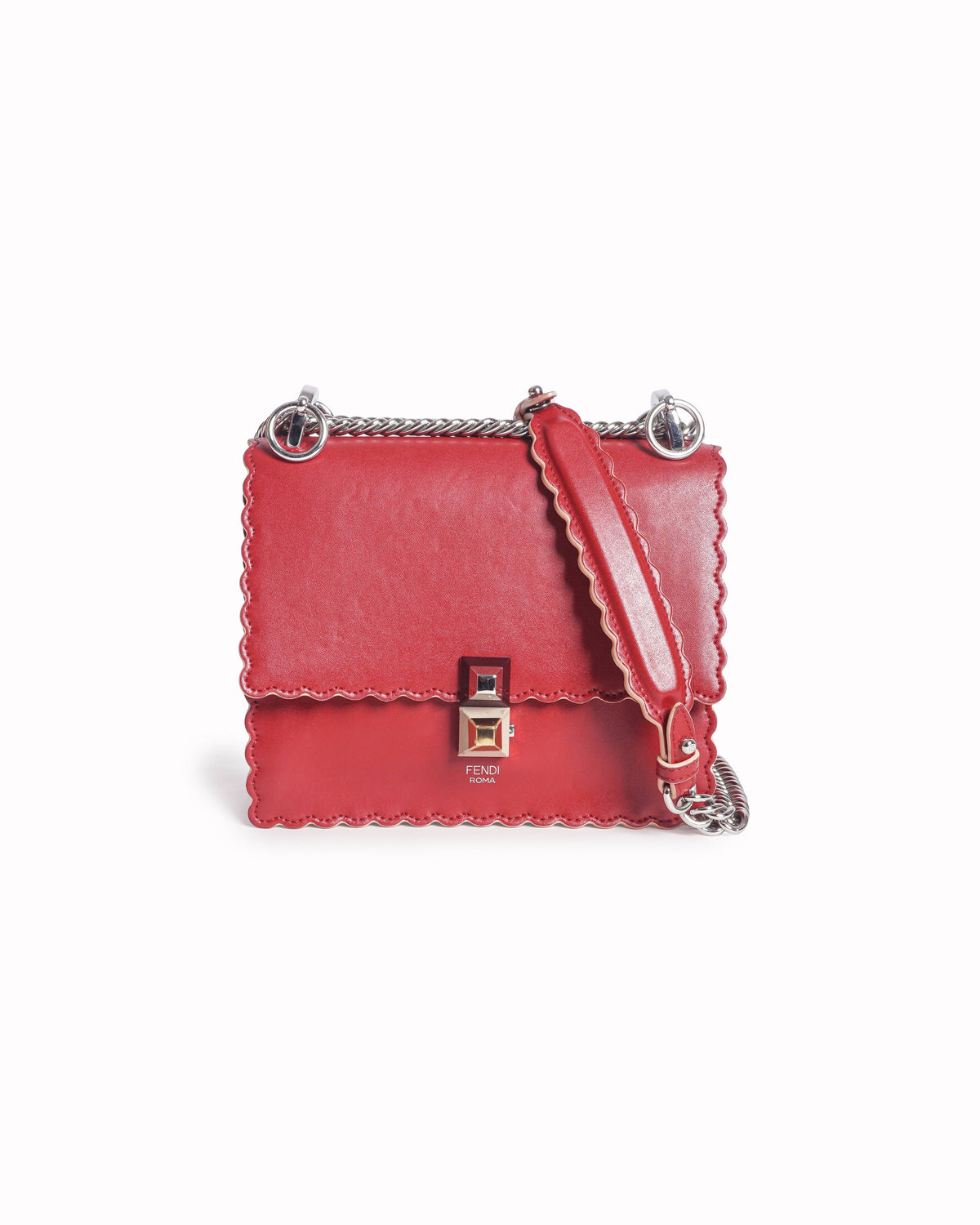 Fendi Small Red Leather Kan I Scalloped Shoulder Bag