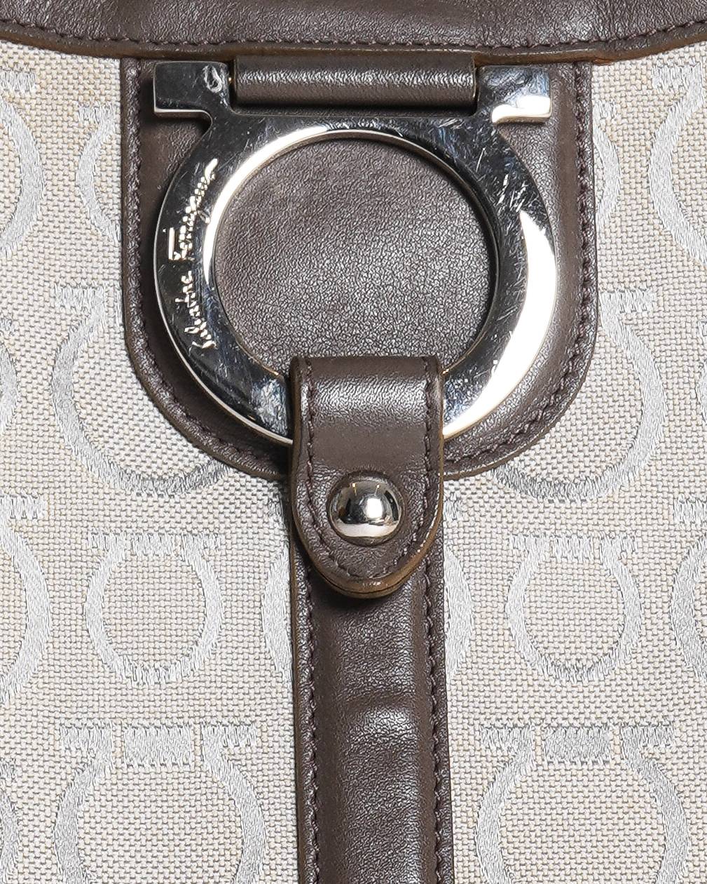 Salvatore Ferragamo Gancini Taupe Canvas & Leather Tote