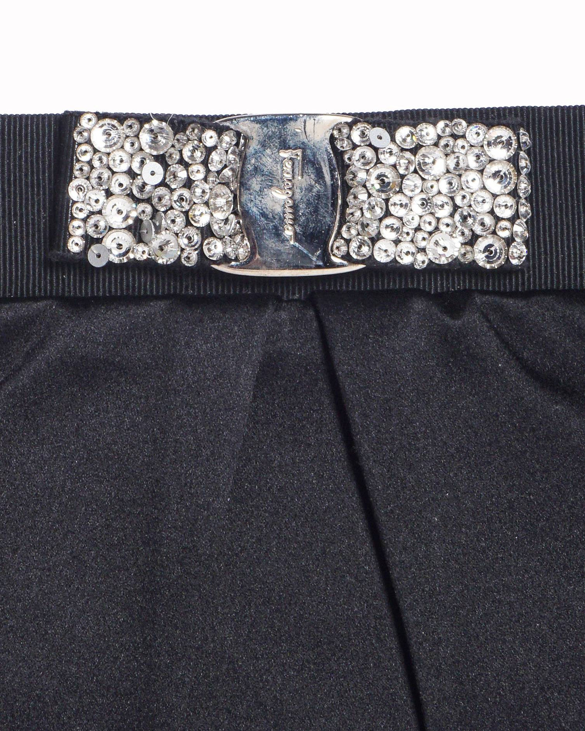 Salvatore Ferragamo Black Satin Vara Crystal Bow Evening Clutch
