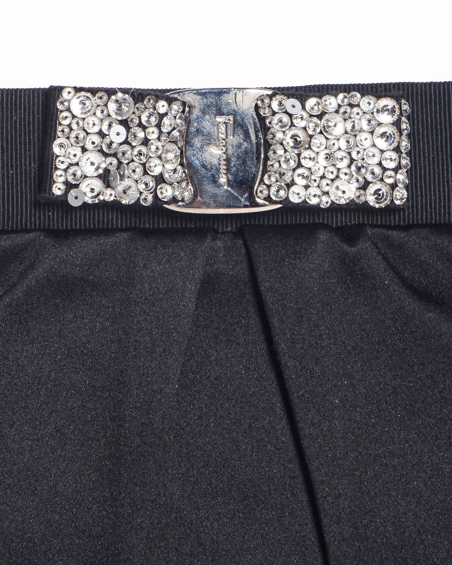 Salvatore Ferragamo Black Satin Vara Crystal Bow Evening Clutch