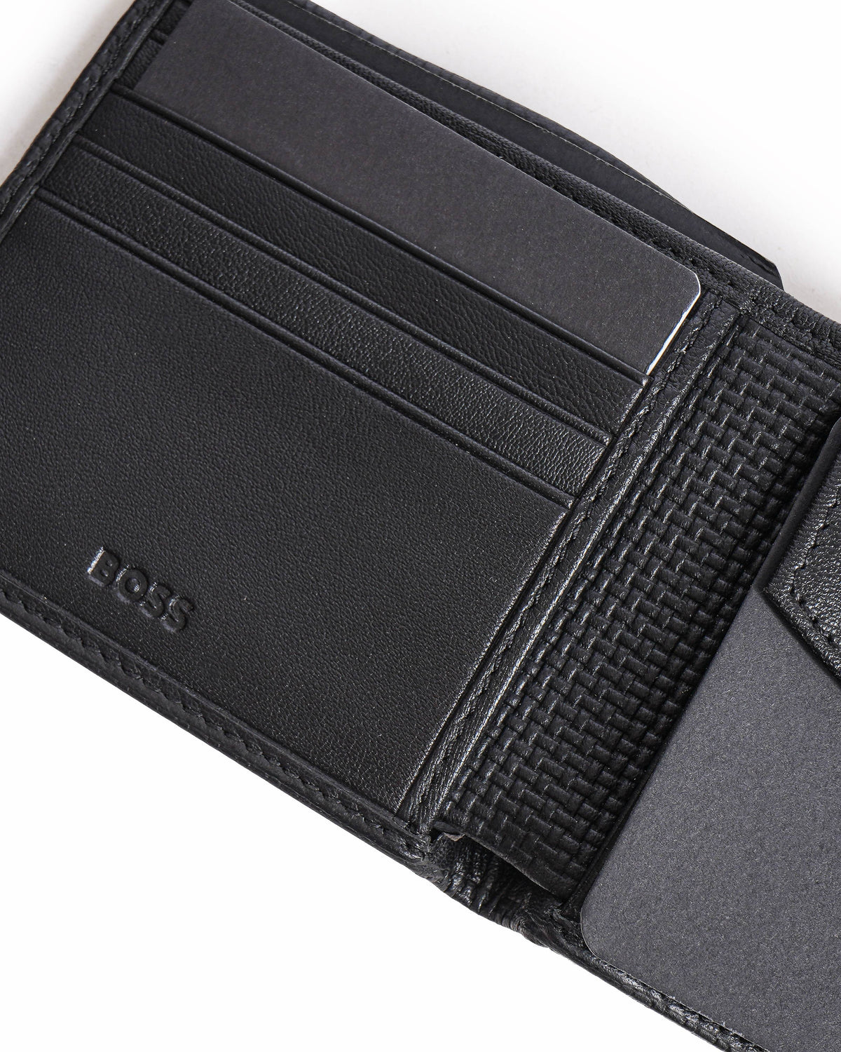 Boss men's black textured leather bi-fold wallet