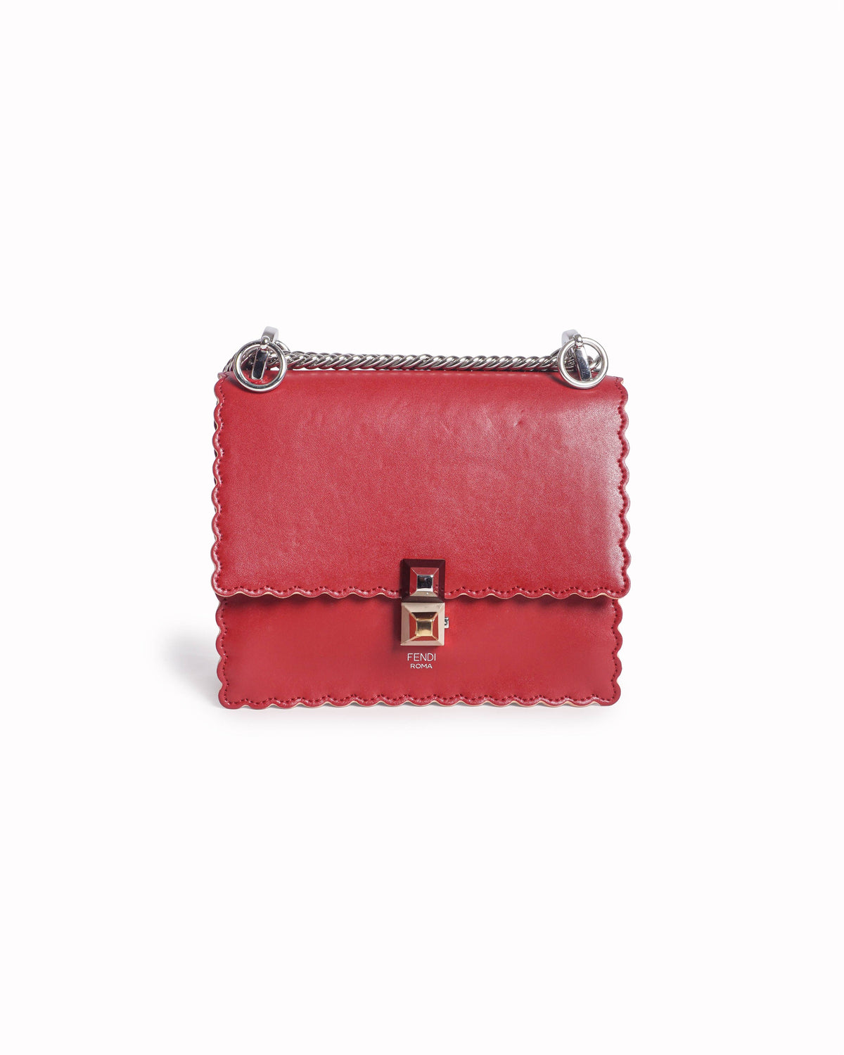 Fendi Small Red Leather Kan I Scalloped Shoulder Bag