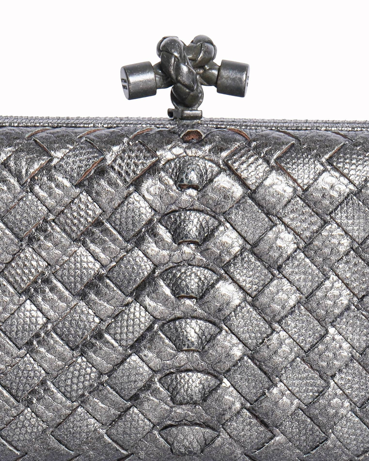 Bottega Veneta Metallic Grey Lizard Knot Clutch