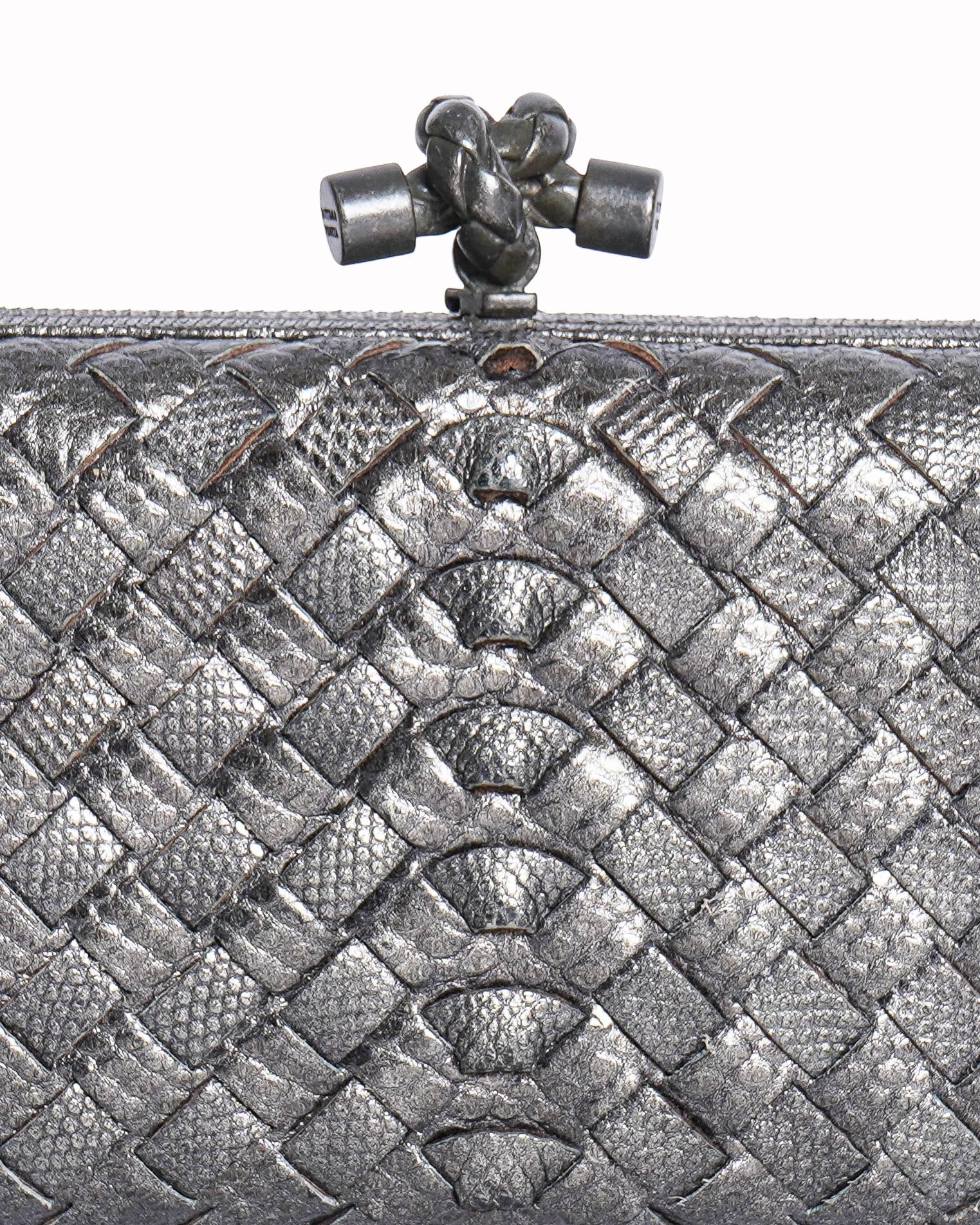 Bottega Veneta Metallic Grey Lizard Knot Clutch
